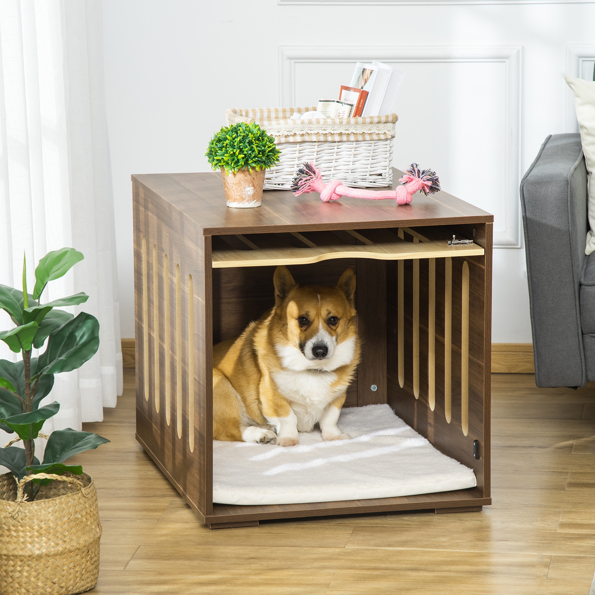 LOVMOR PawHut Furniture Style Dog Crate End Table Removable Door Foam ...