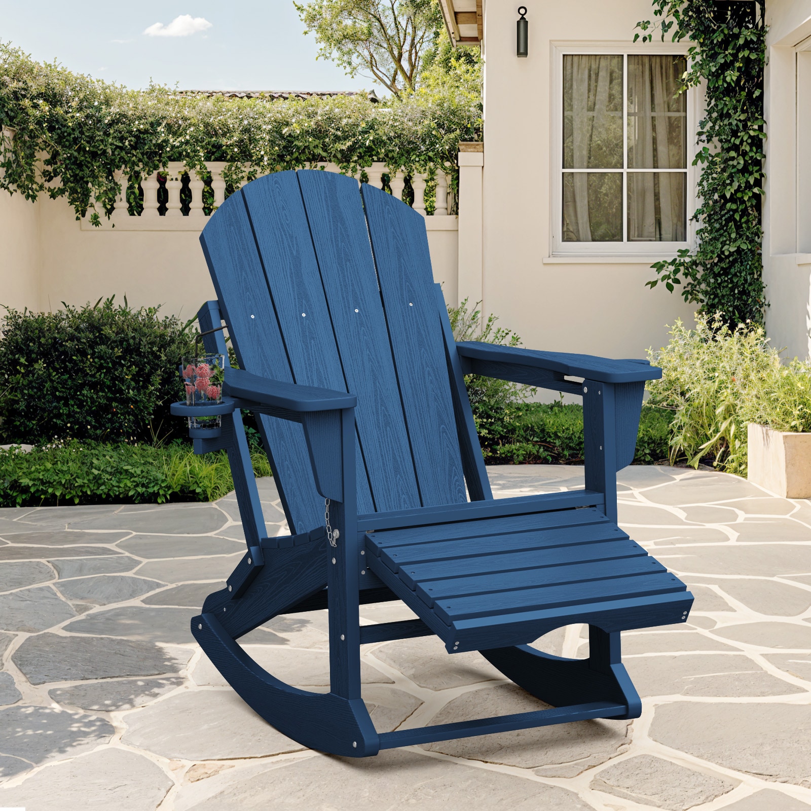 JEAREY PEDGNYY-NY Adirondack Rocking Chair with Ottoman and Cup Holder Stackable Navy HDPE Frame Adirondack Chair with Slat Seat