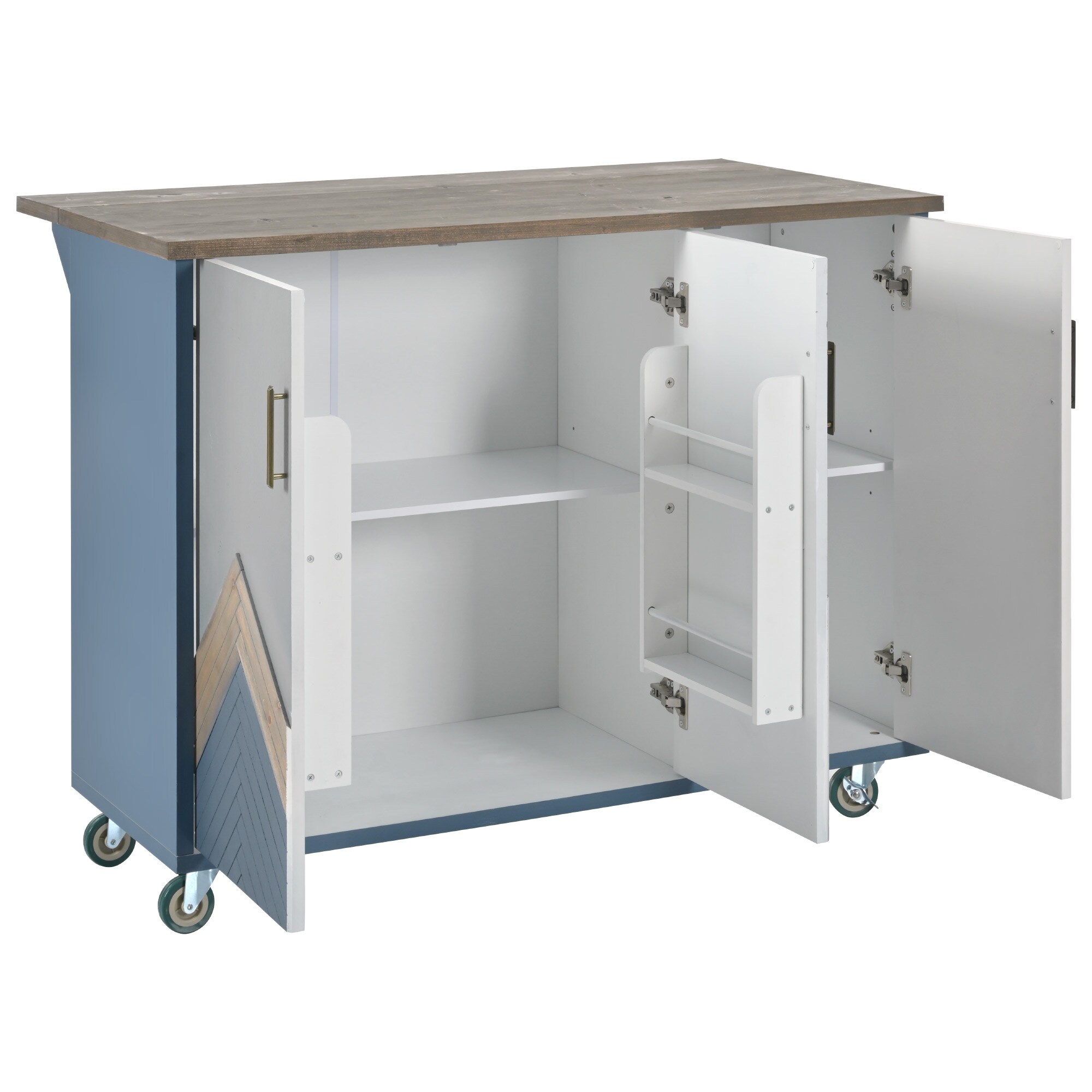 Interior of blue and white kitchen island with storage compartments and small side cabinet