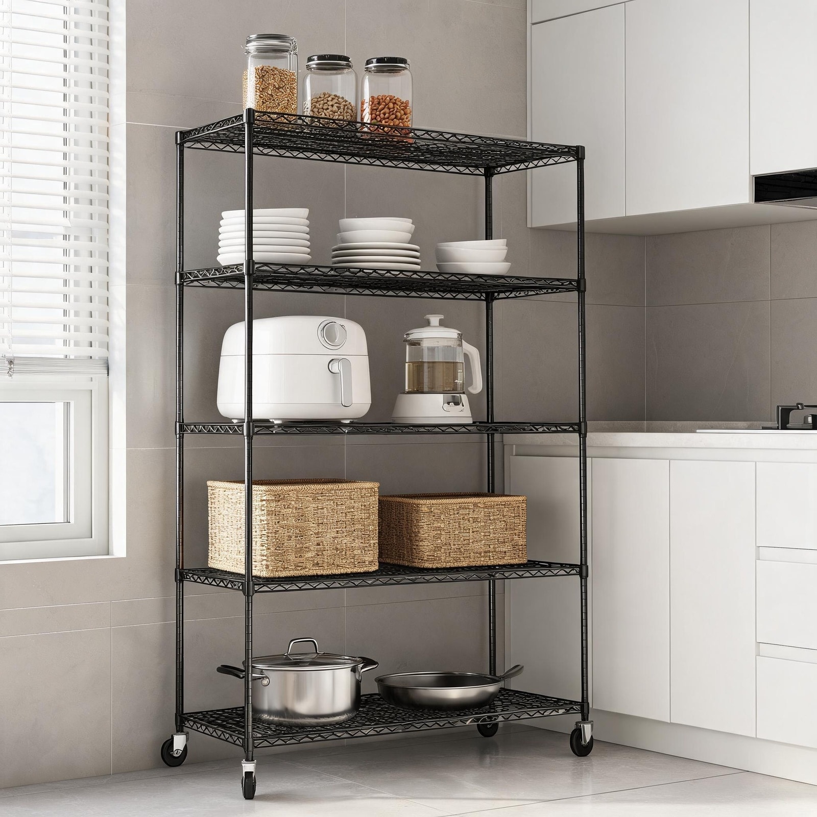 Horizons Prime 82 inch H x 60 inch L x 24 inch D Black Heavy Duty Steel Wire Shelving Unit with 5 Adjustable Shelves and Wheels