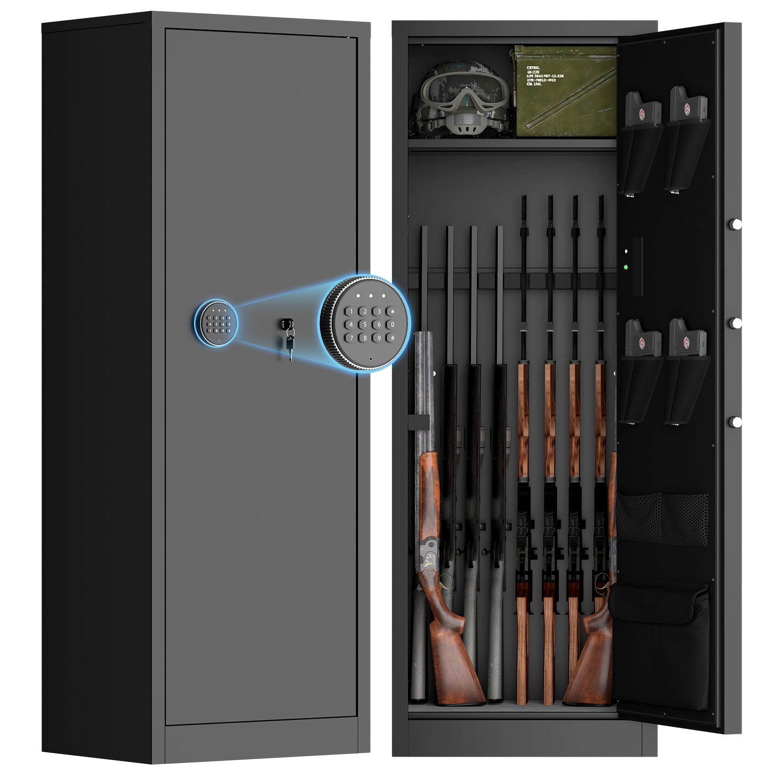 LOVMOR SF-Y-W328P311760 Steel Large Fireproof and Waterproof Gun Safe Supporting Classified Storage of Multiple Types of Firearms Equipped with Pistol Pouches a Programmable Keypad Dual Backup Keys and a Alarm System.
