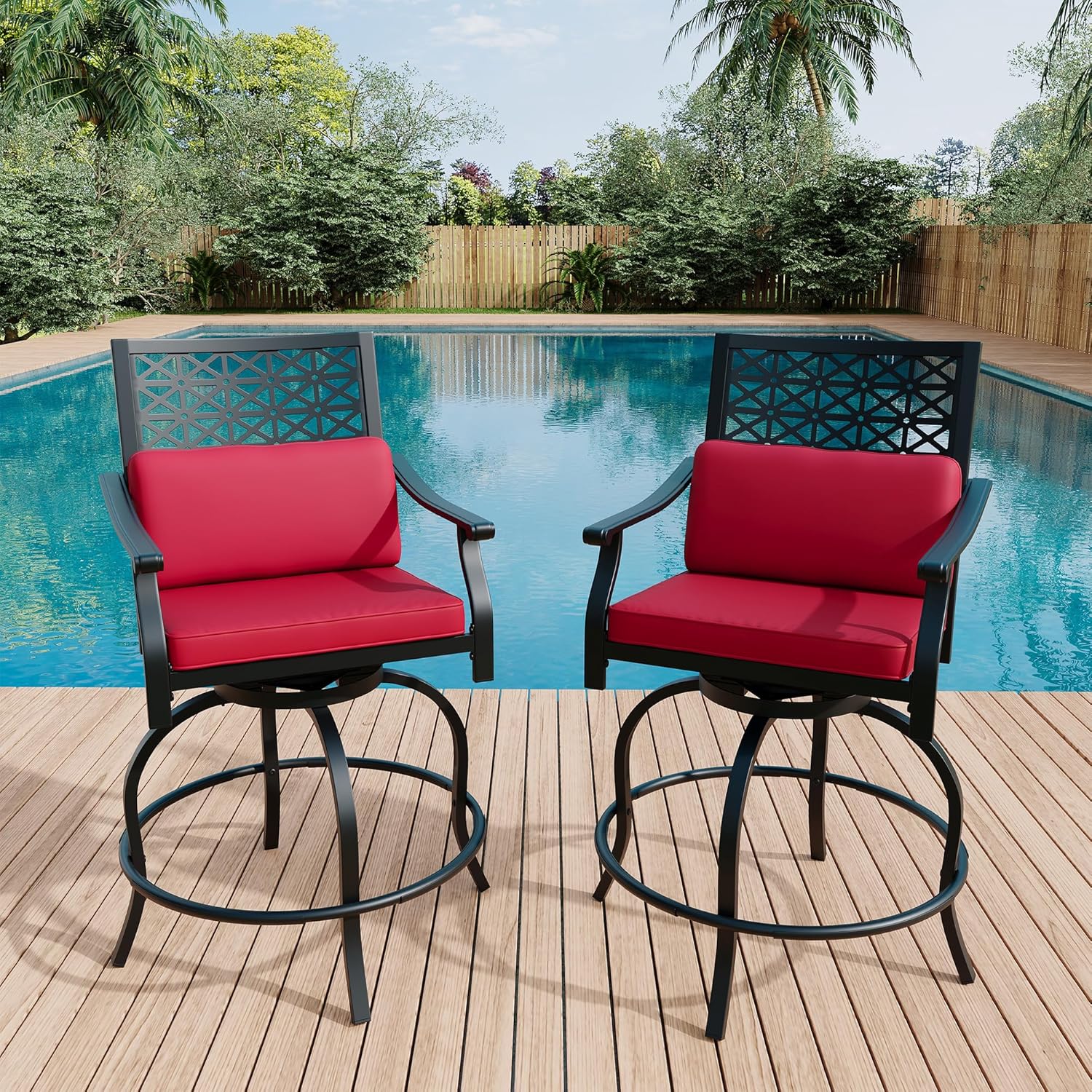 Qeetex LHF-HW-PPG-334L3YNK Outdoor Swivel Bar Stools Counter Height with Red Cushion 2PCS Patio Bar Stools with Armrest and Back Tall Outdoor Swivel BarStools for Backyard