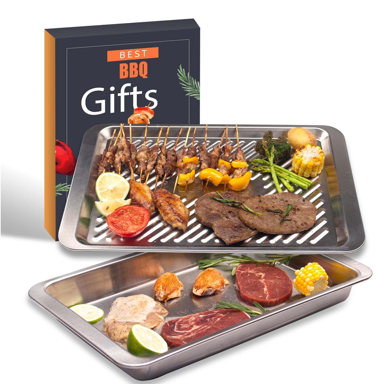 ITOPFOX  Stackable Stainless Steel Grilling Prep and Serve Trays Set of 2 Durable BBQ Marinating and Serving Platters for Outdoor Cooking