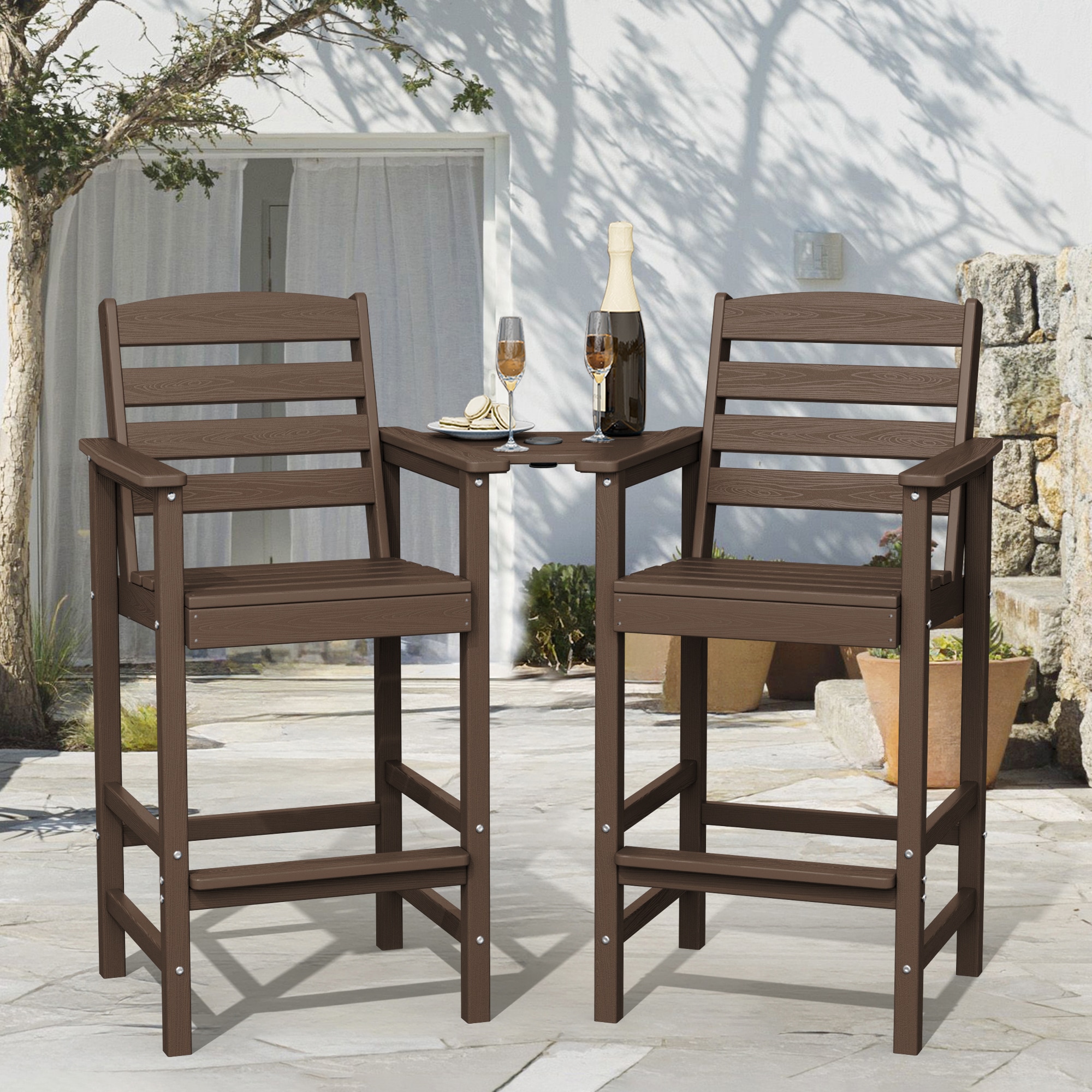 JEAREY GYCY-CE Tall Bar Chairs Set for Two with Detachable Connecting Tray Set of 2 Coffee HDPE Frame Stationary Adirondack Chair with Slat Seat
