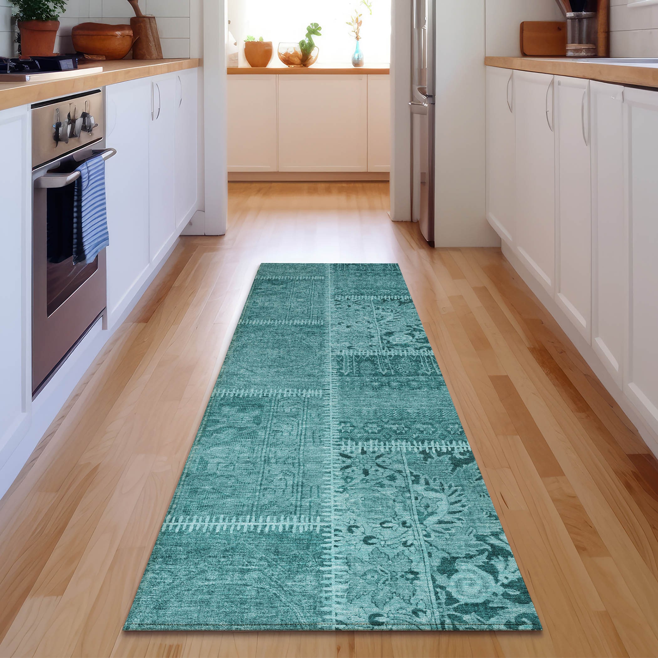 Addison Rugs AMF635TQ2X8 Mayfield AMF635TQ 2 x 7 (ft) Polyester Teal Rectangular Indoor Floral/Botanical Machine washable Runner rug