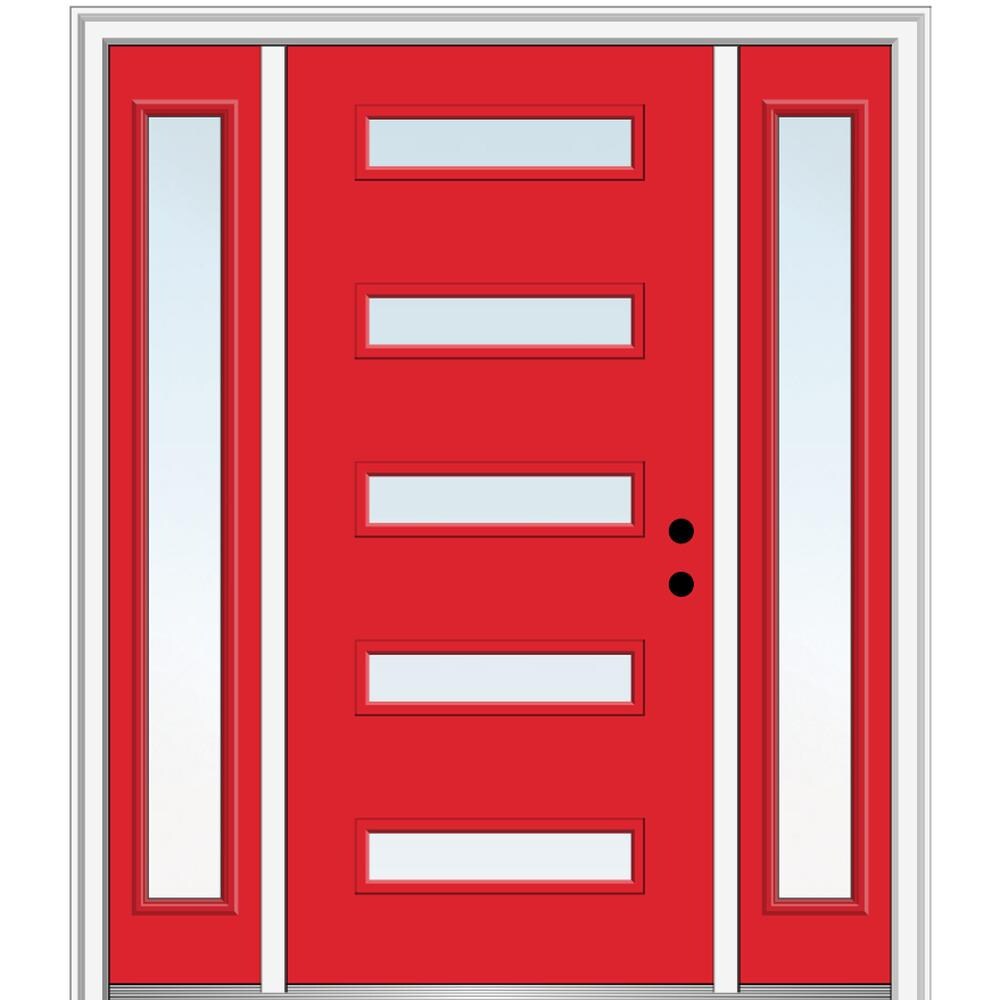 MMI DOOR ZZ349134L Spotlights 60-in x 80-in x 6-9/16-in Fiberglass Pulse lite Left-hand inswing Red Saffron Painted Prehung Front Door with Sidelights with Brickmould Insulating core