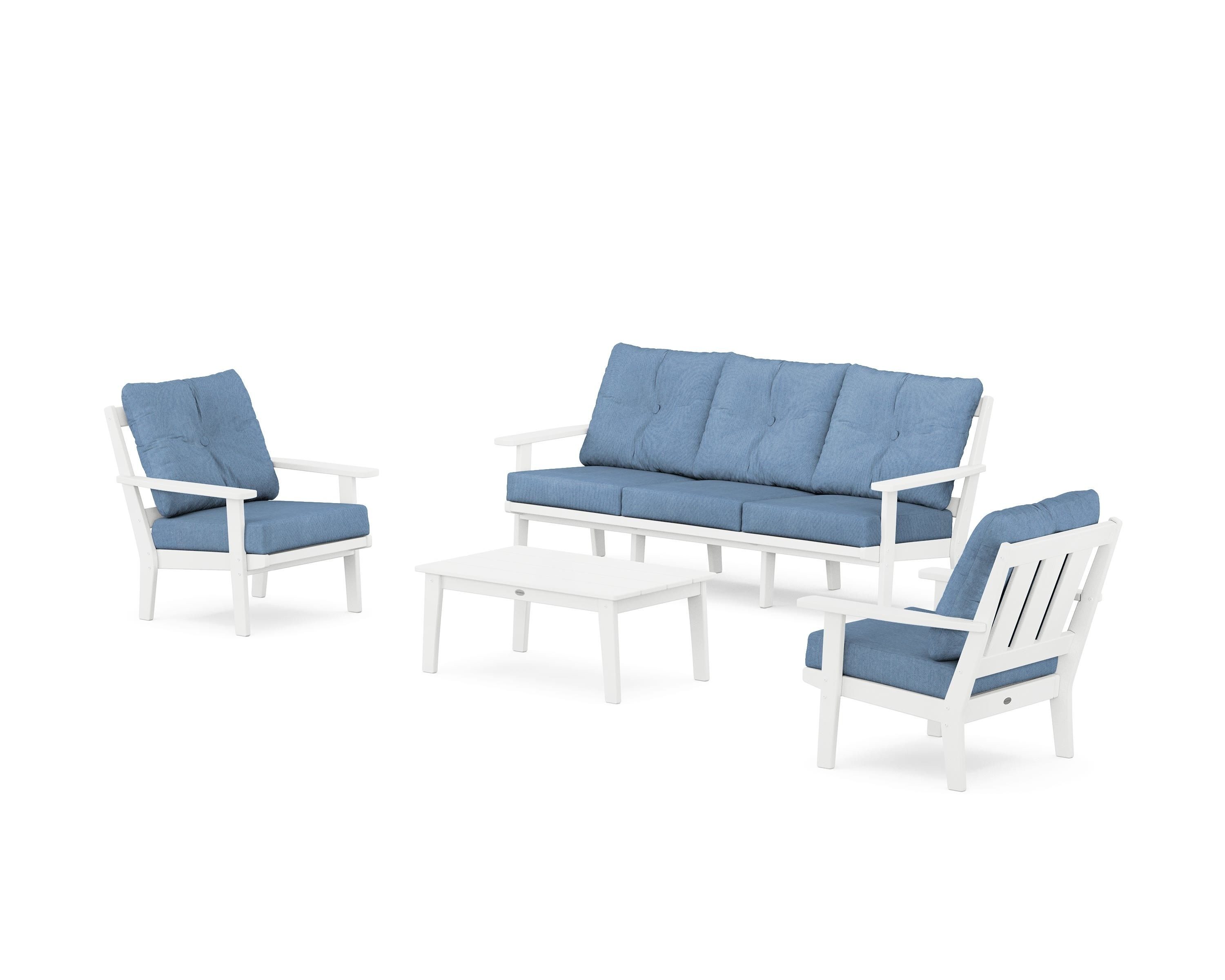 POLYWOOD PWS2140-2-WH161147 Oxford 4 -Piece Patio Sofa Conversation Set with Blue Cushions