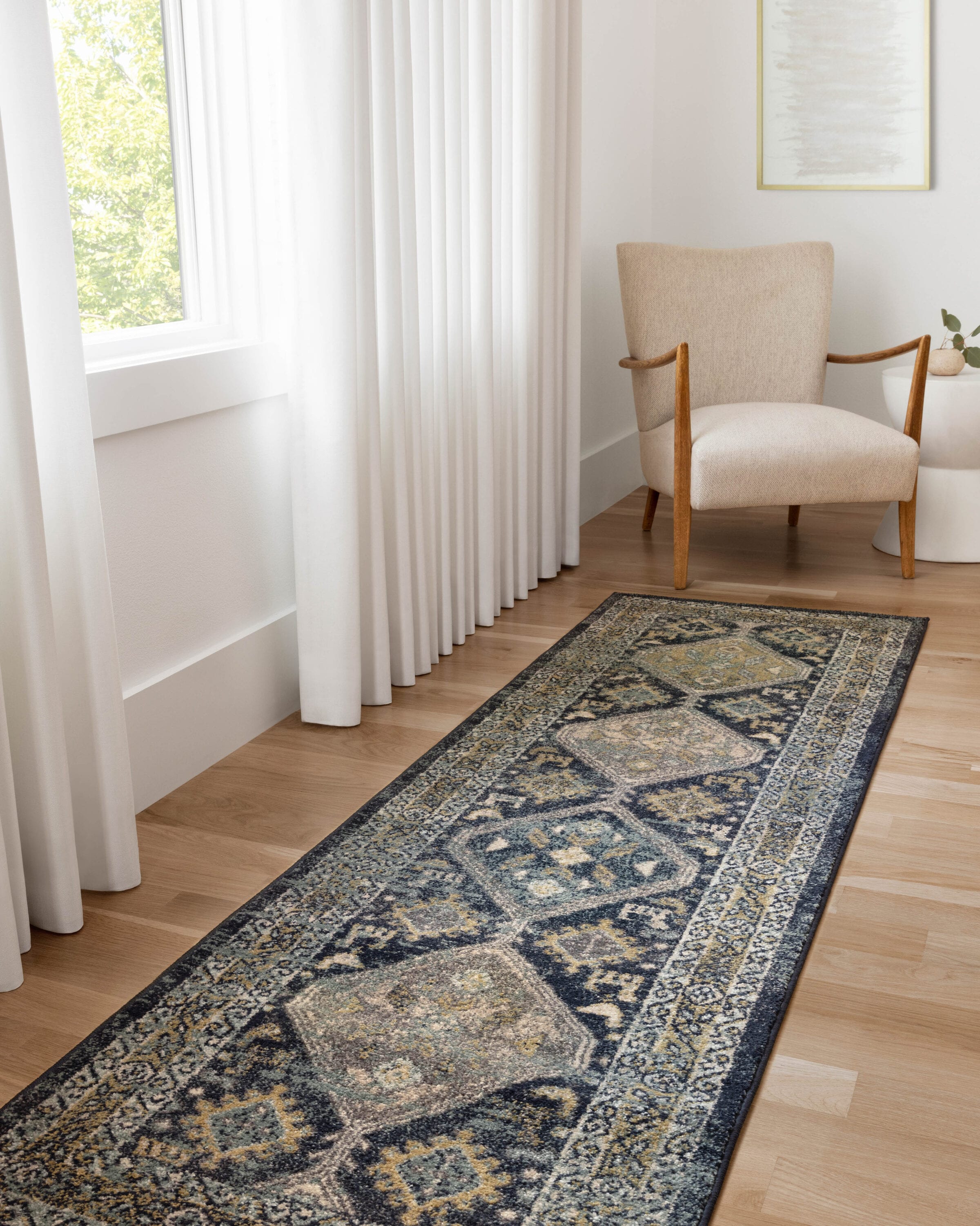 Oriental Reversible Navy Blue Synthetic Runner Rug 27"x90"
