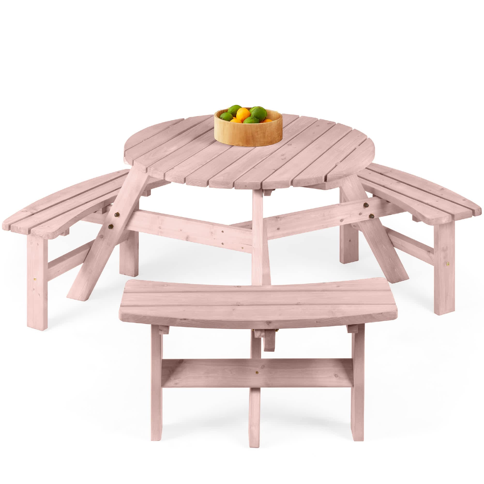 Best Choice Products SKY10983  6-Person Circular Outdoor Wooden Picnic Table w/ 3 Built-In Benches 500lb Capacity - Rose Quartz