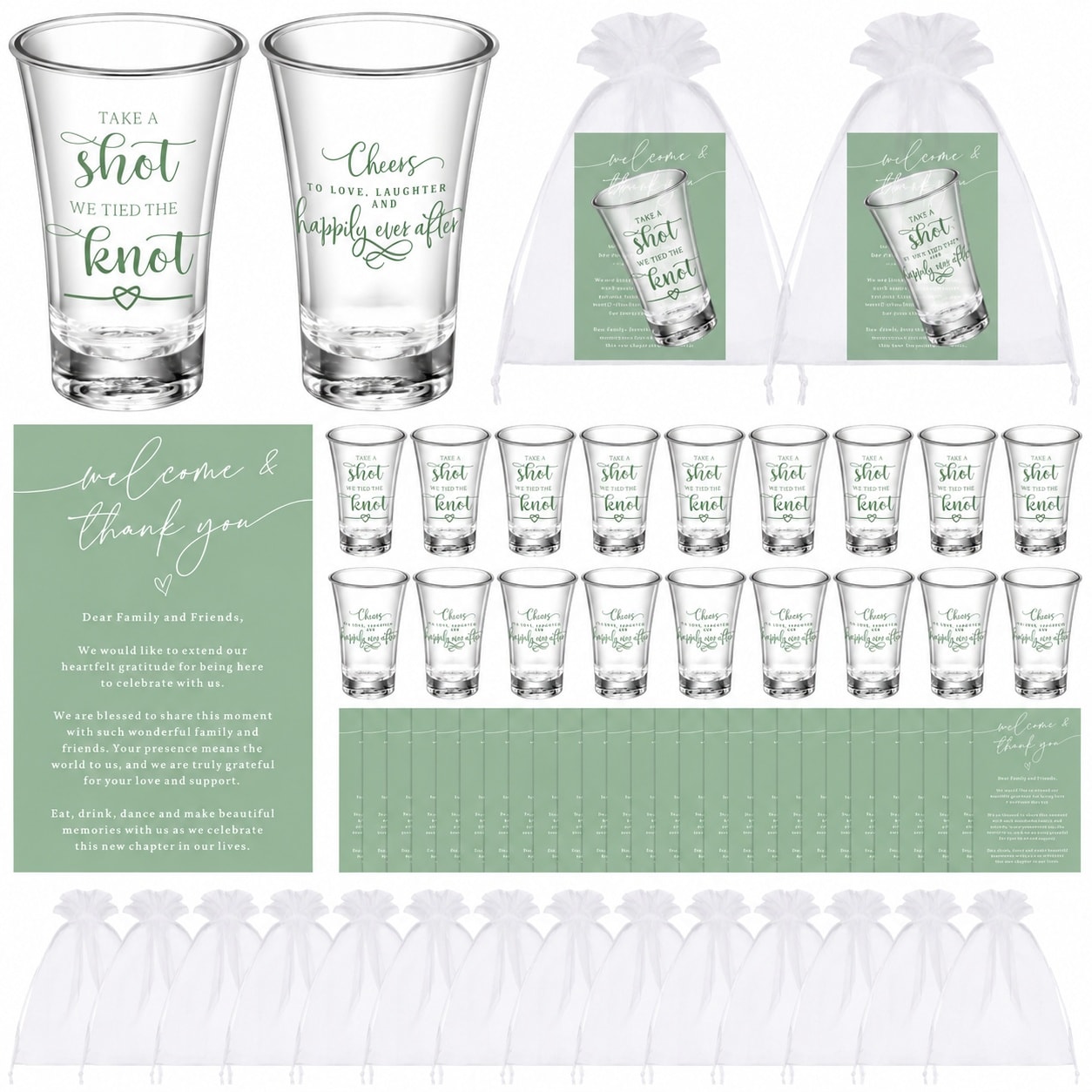 Aoibox  50 Piece Clear Acrylic Wedding Shot Glasses Set with Thank You Cards and Organza Gift Bags for Party Favors Guest