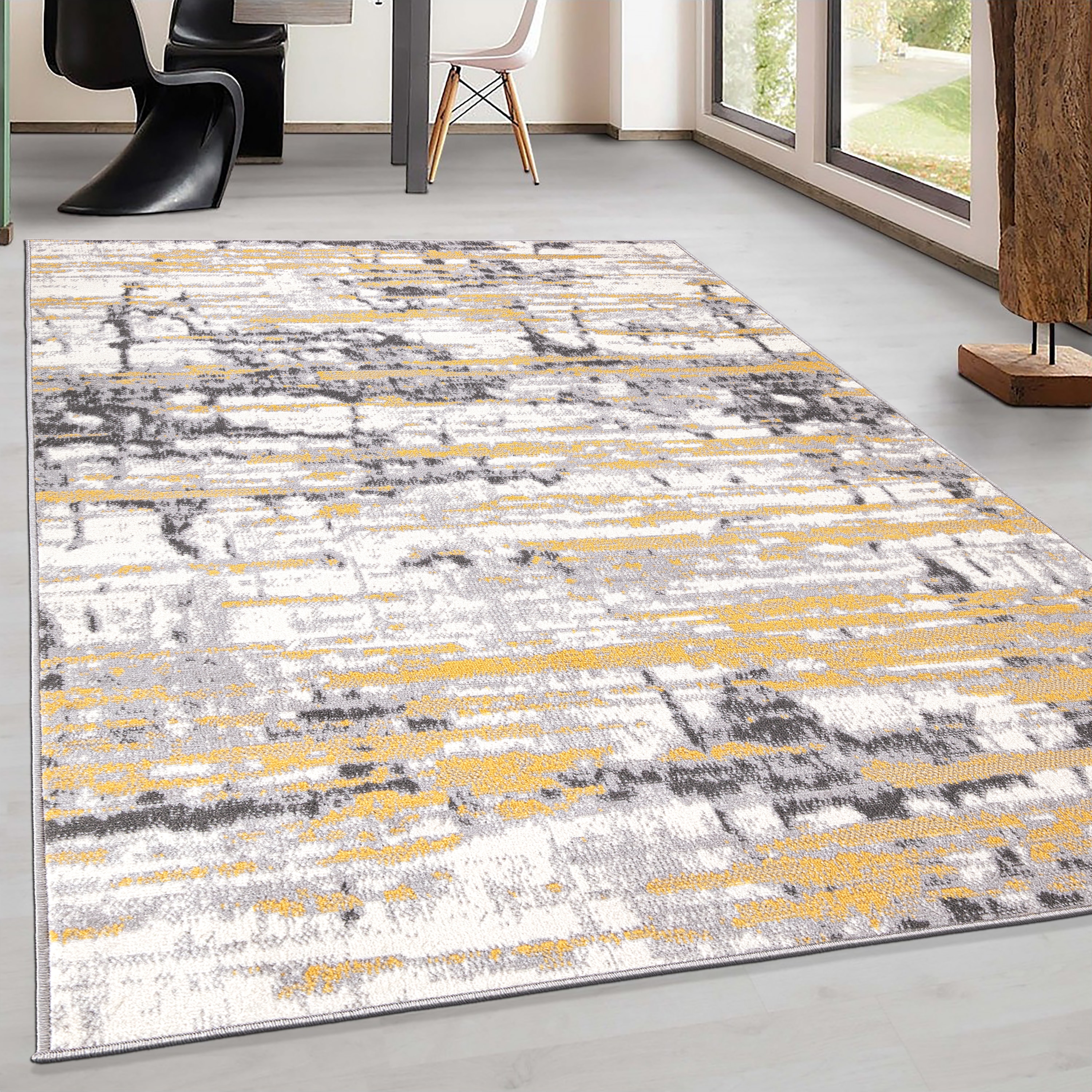 Yellow and Gray Abstract 8' x 10' Synthetic Area Rug