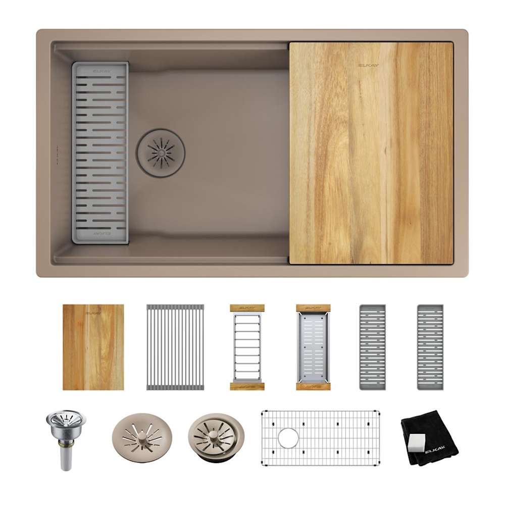 Elkay  ELXRU13322W Quartz Luxe 33 Inch Undermount Single Basin Quartz Composite Workstation Kitchen Sink with Basin Rack Colander and Cutting Board