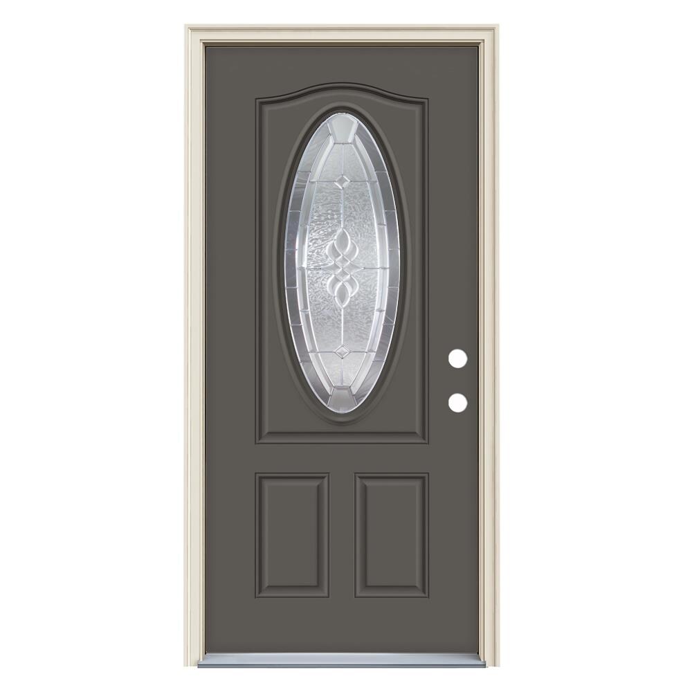 JELD-WEN LOWOLJW230400066 Hampton 36-in x 80-in x 4-9/16-in Steel Oval Lite Left-Hand Outswing Timber Gray Painted Prehung Front Door Insulating Core