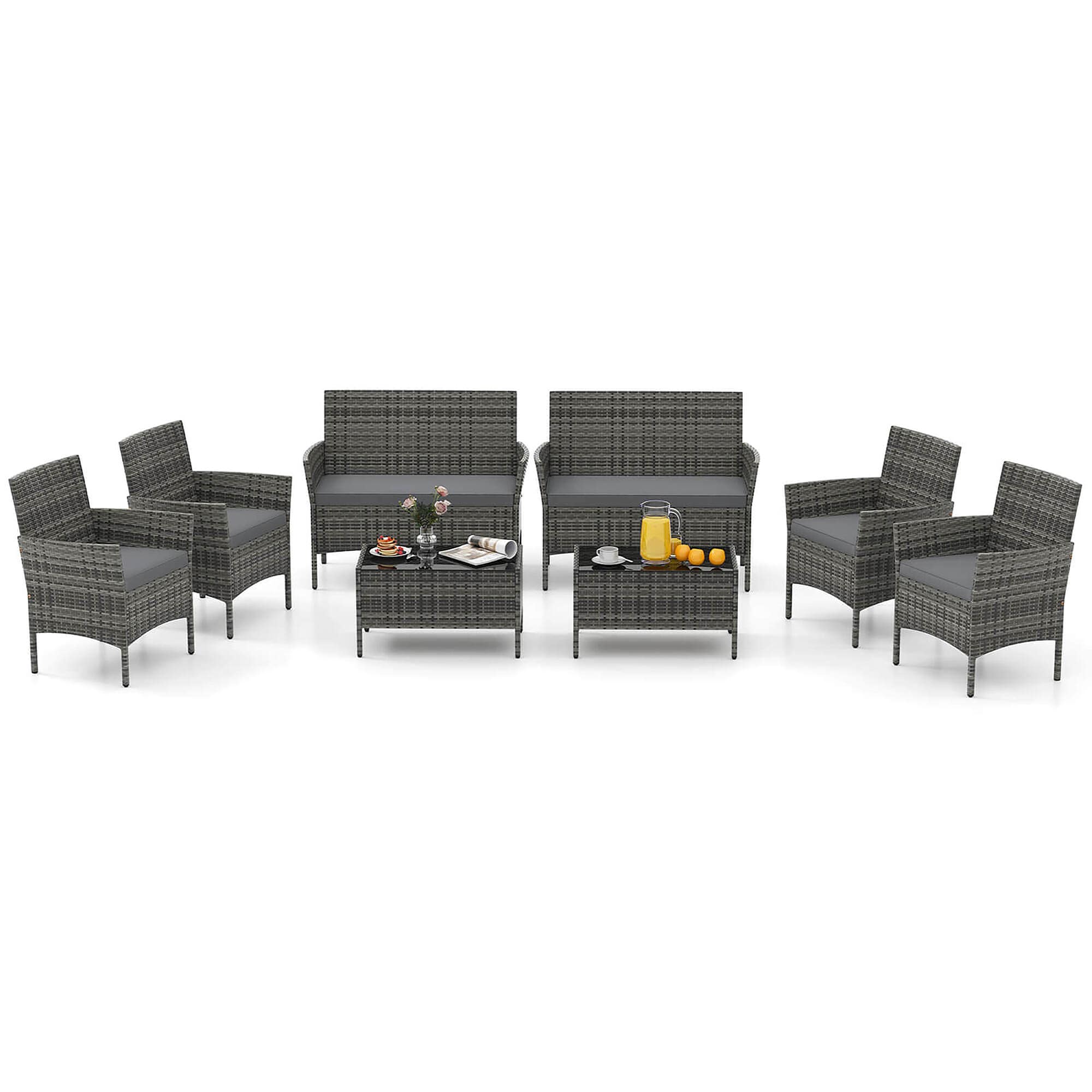 Costway HCST05333 8 -Piece Rattan Patio Conversation Set with Gray Cushions