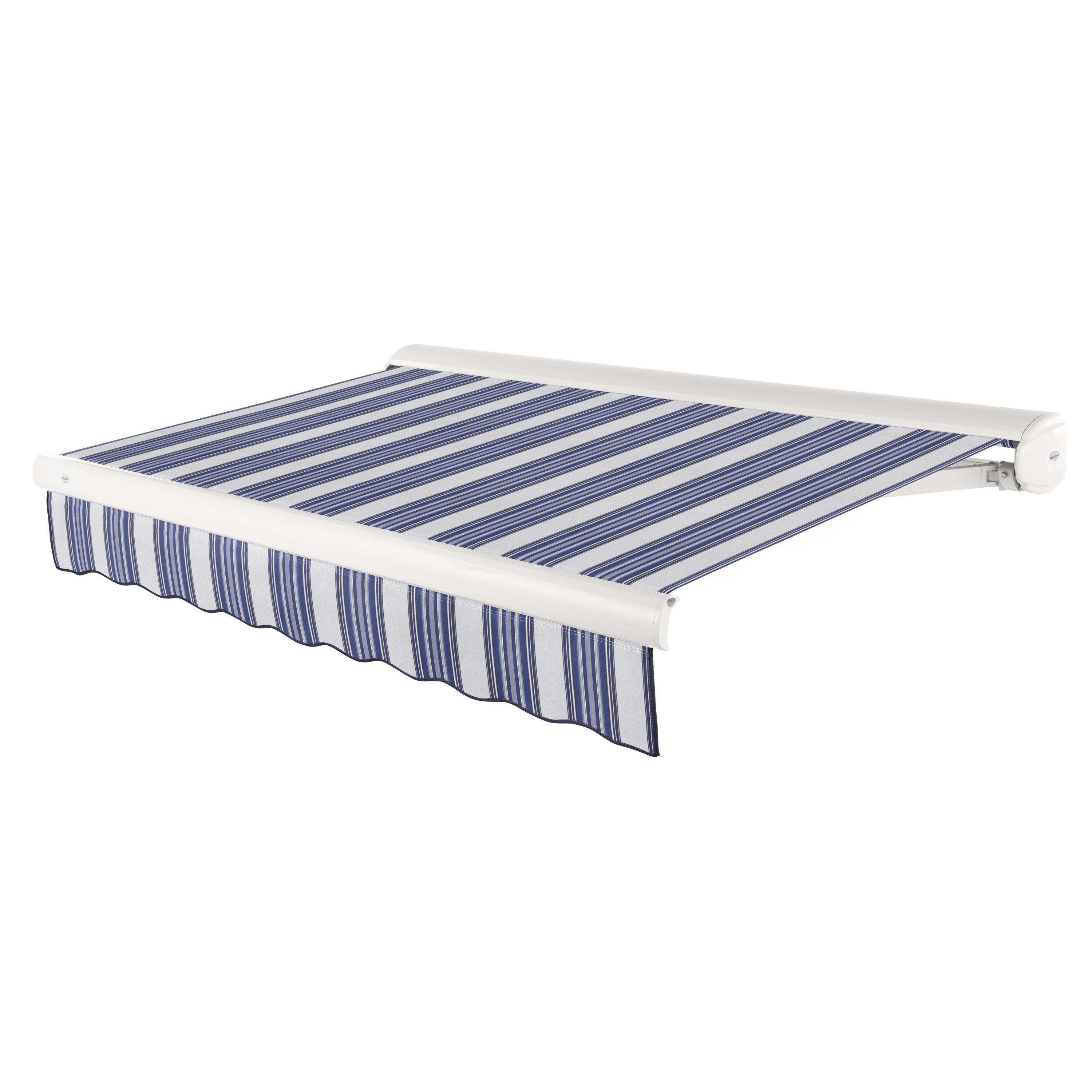 Awntech KWL8-395-NGW Full Cassette Left Motor 96-in Wide x 78-in Projection x 10-in Height Fabric Navy/Gray/White Stripe Striped Motorized Retractable Patio Awning