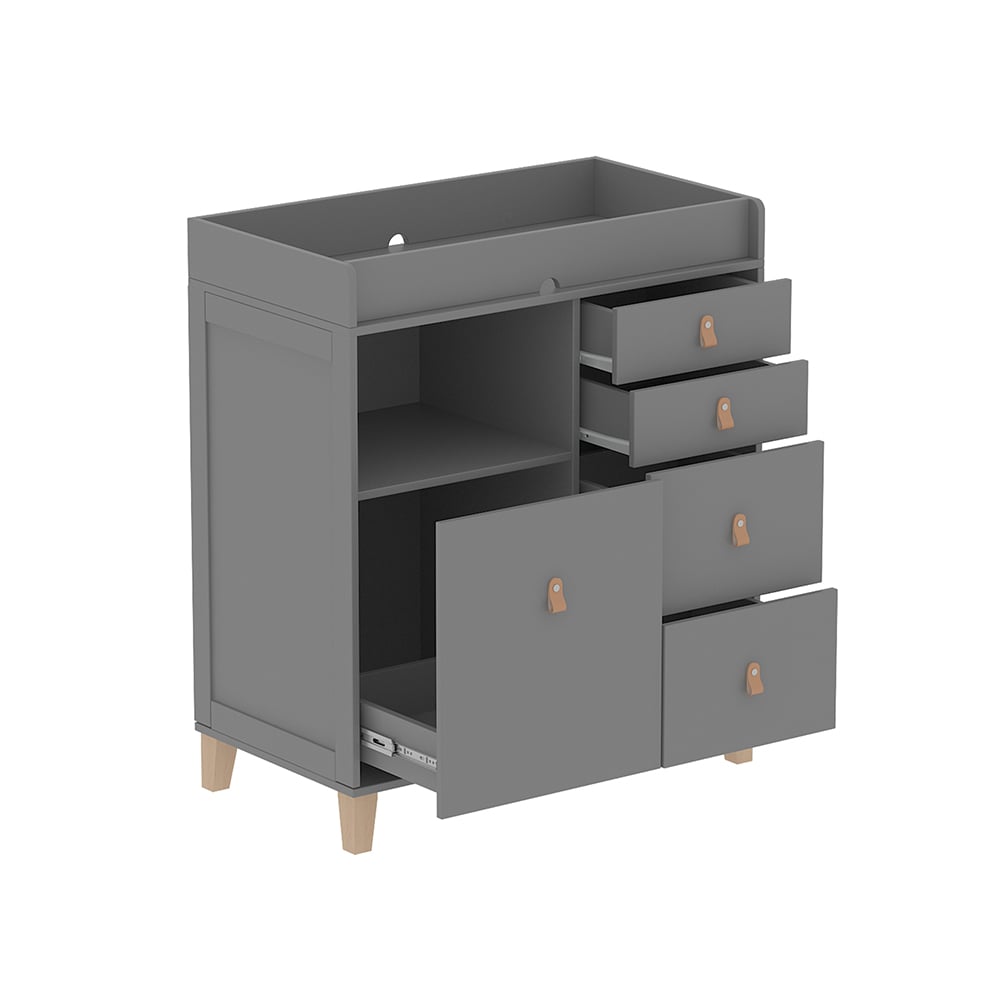 Homsee C-KF180097-05 Modern Gray 4 Drawer Baby Changing Dresser with Side Cabinet and Open Storage Cubby Waterproof MDF Nursery Organizer with Recessed Diaper Changing Tabletop