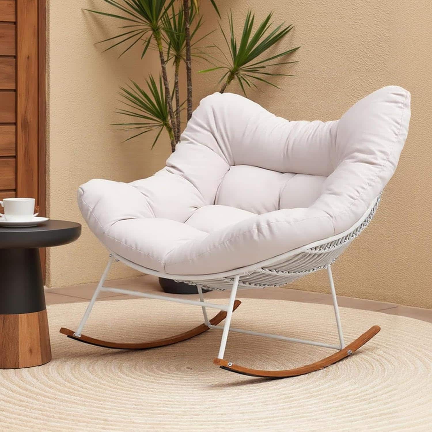 AURA OUTDOOR OIRC001-BE Rocking Chair Beige Steel Frame Rocking Chair with Beige Solid Seat