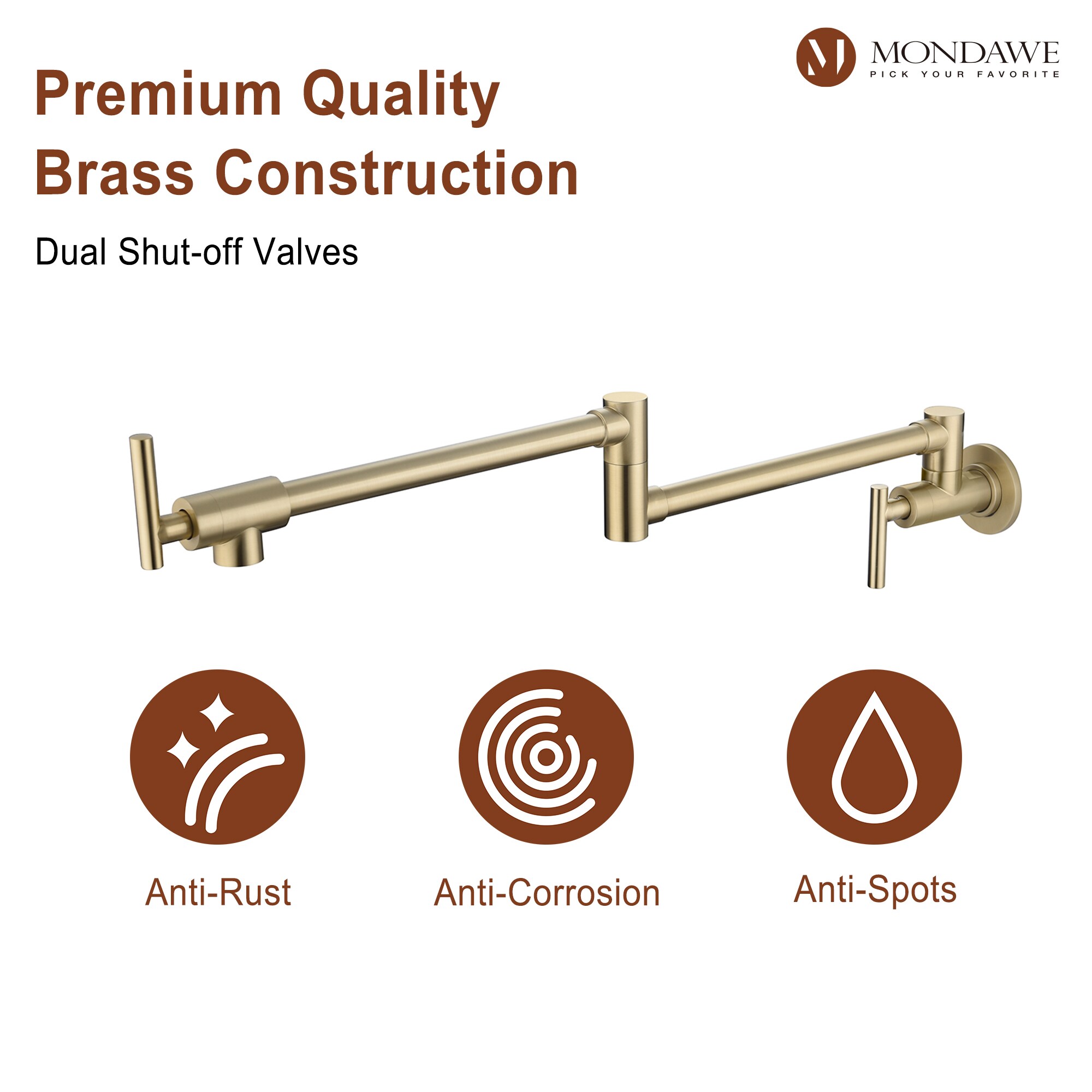 Mondawe Brushed Gold Double Handle Wall-mount Pot Filler Kitchen Faucet