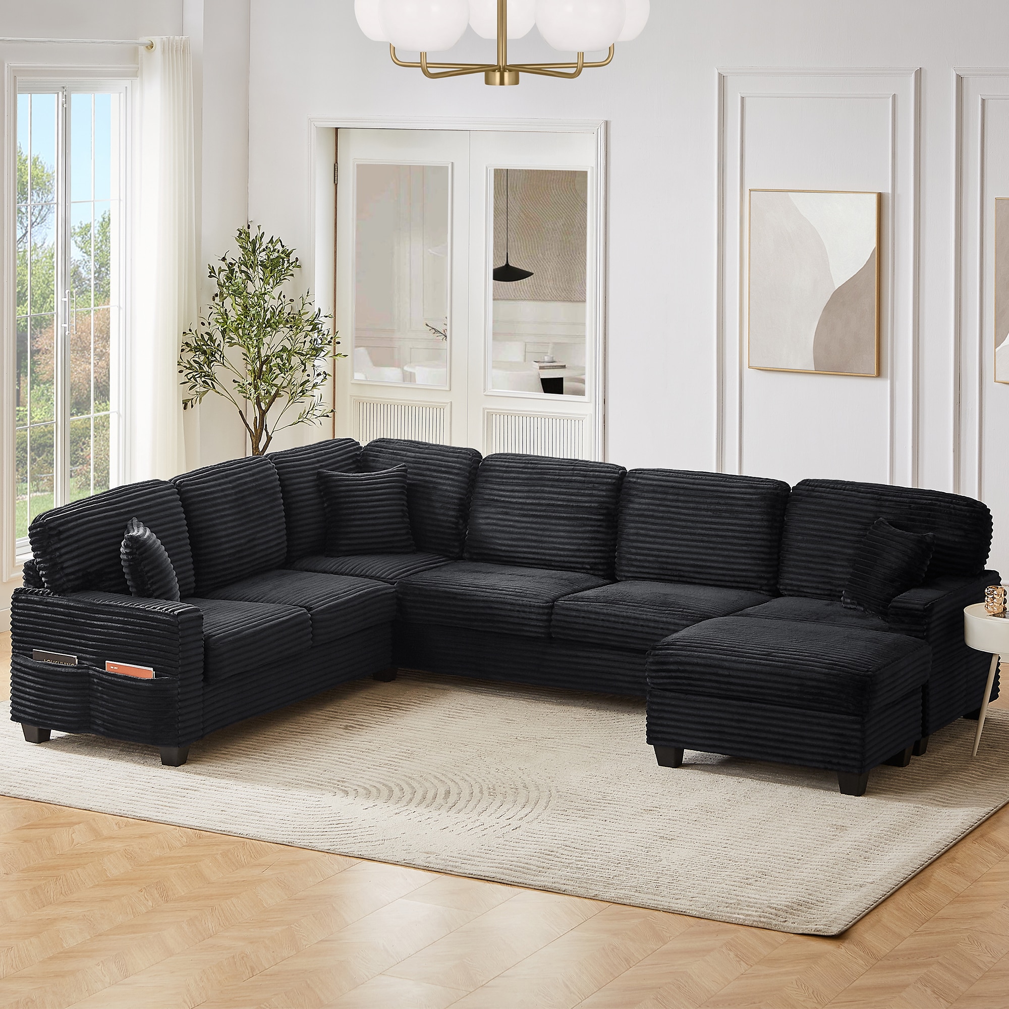 ModernLuxe N719S002080B Sectional Sofa Ushaped Sectional 125.2inch Upholstered Lshaped Sofa with a Movable Ottoman and Side Storage Pockets for Living Room Black