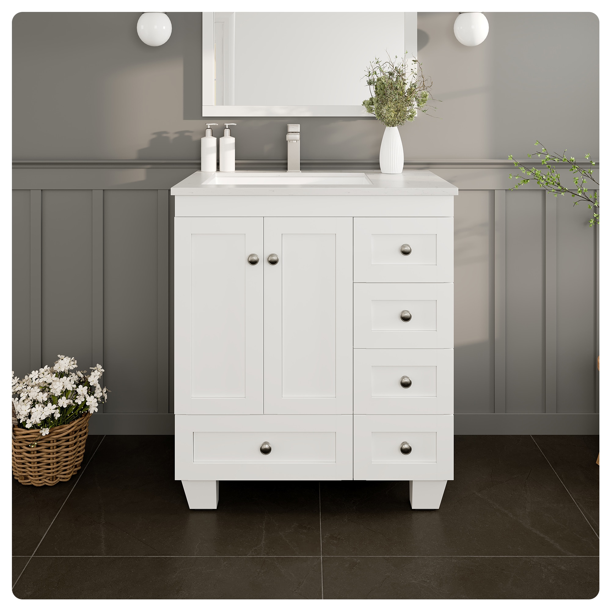 Eviva EVVN30-30X18WH-Q Happy 30-in White Undermount Single Sink Bathroom Vanity with White Quartz Top