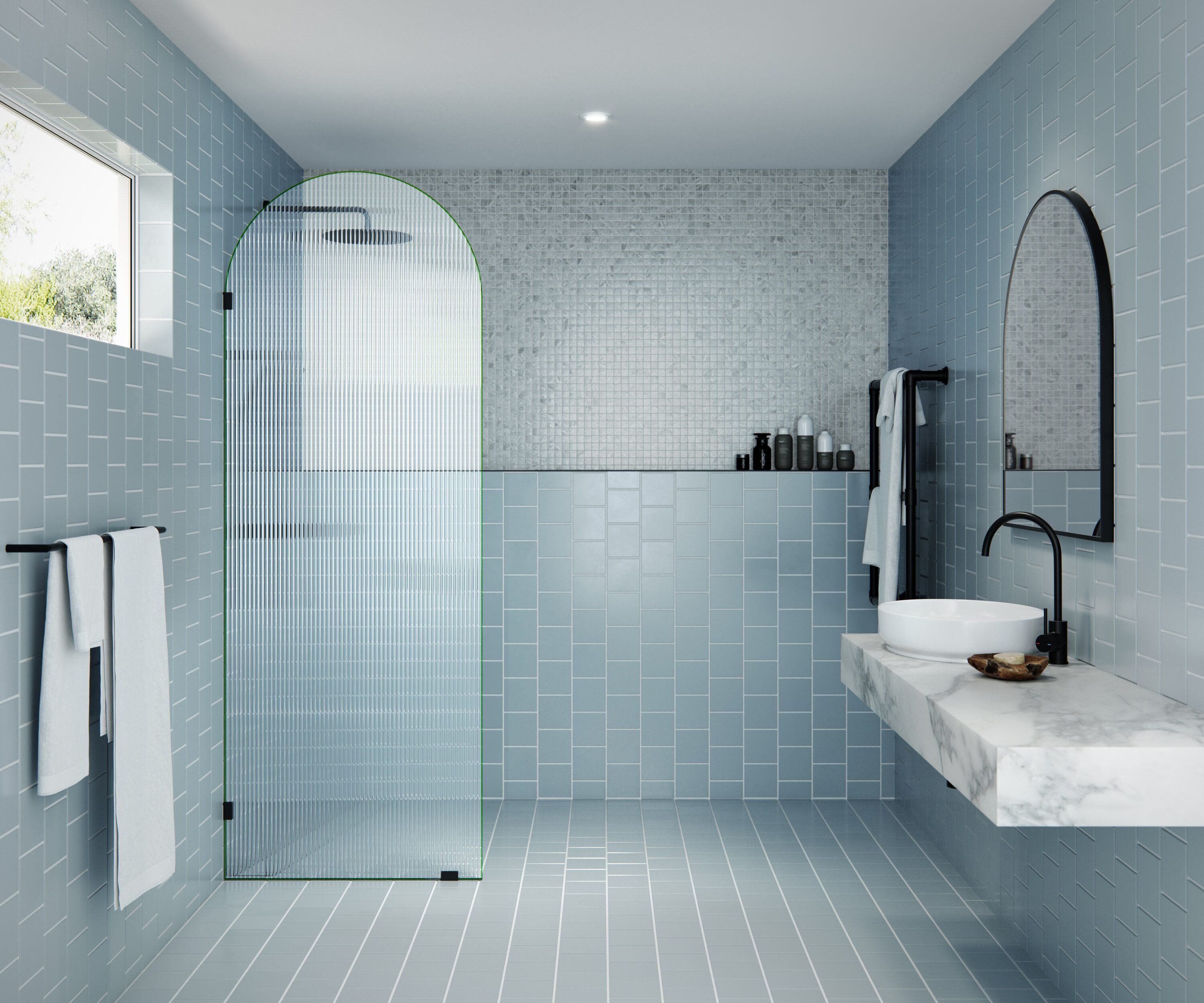 Maven Matte Black Frameless Arched Fluted Glass Shower Panel