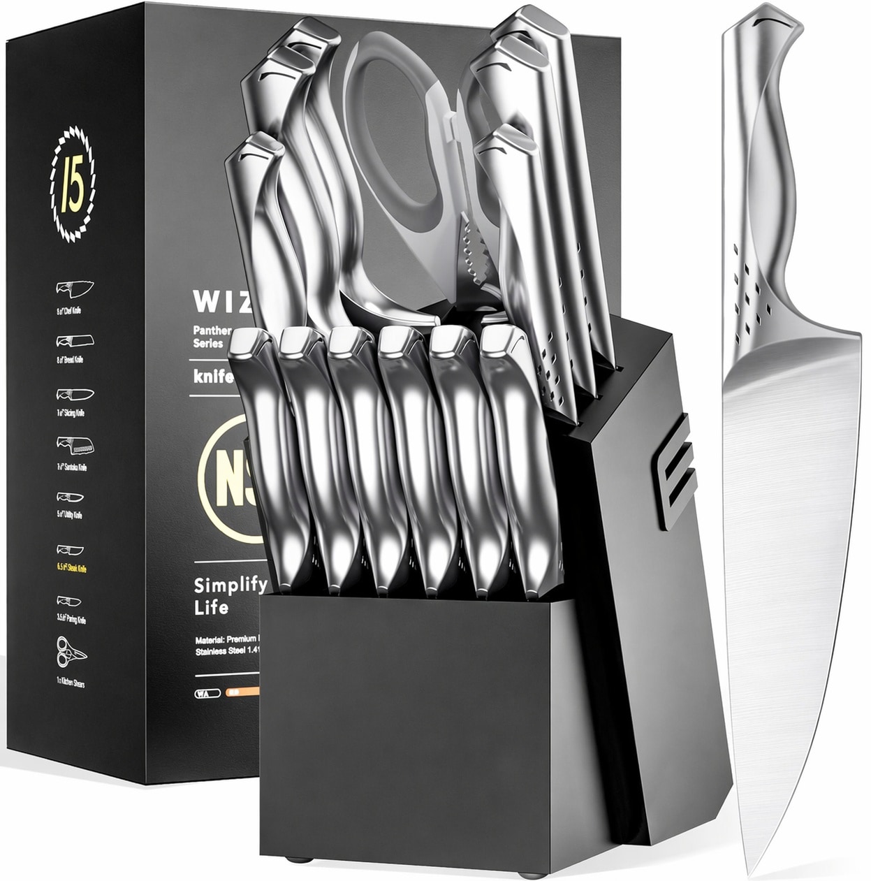 LAIFUCAM  Kitchen Knife Set with Block Razor Sharp 15 Pcs Professional Chef Knife Set with Knife Sharpener Food Grade German Stainless Steel