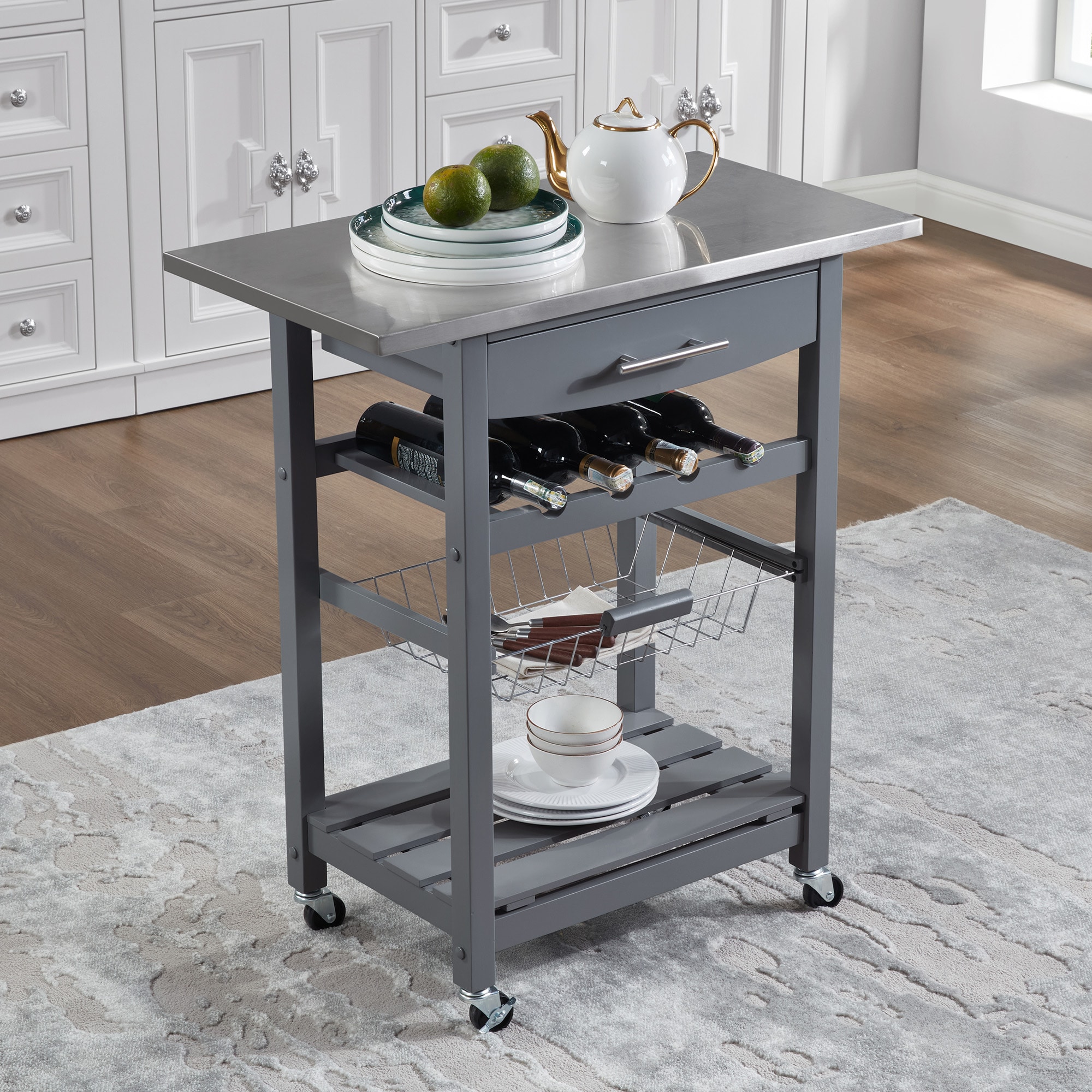 Tatayosi JJ-09080007 Mobile Rolling Kitchen Island Trolley Serving Cart with Underneath Drawer  Slide-Out Wire Storage Basket