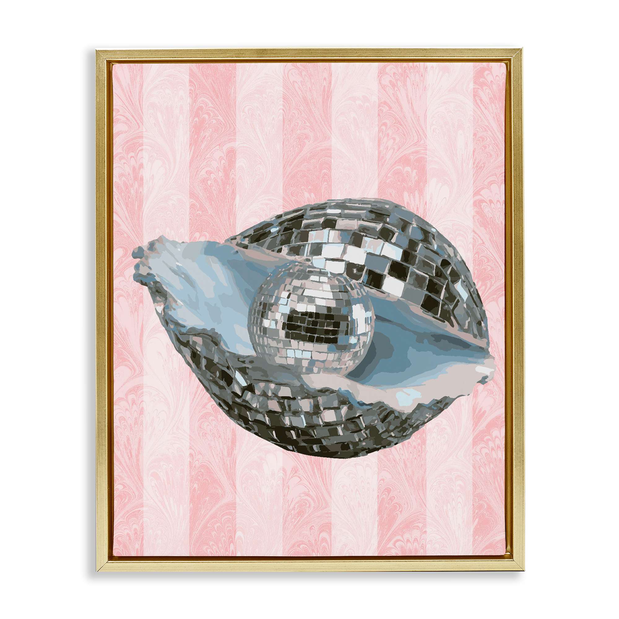 Stupell Industries BT-109-FFG-16X20 Disco Oyster on Stripes Gold Framed Floater Canvas Wall Art By Lil' Rue 17 x 21