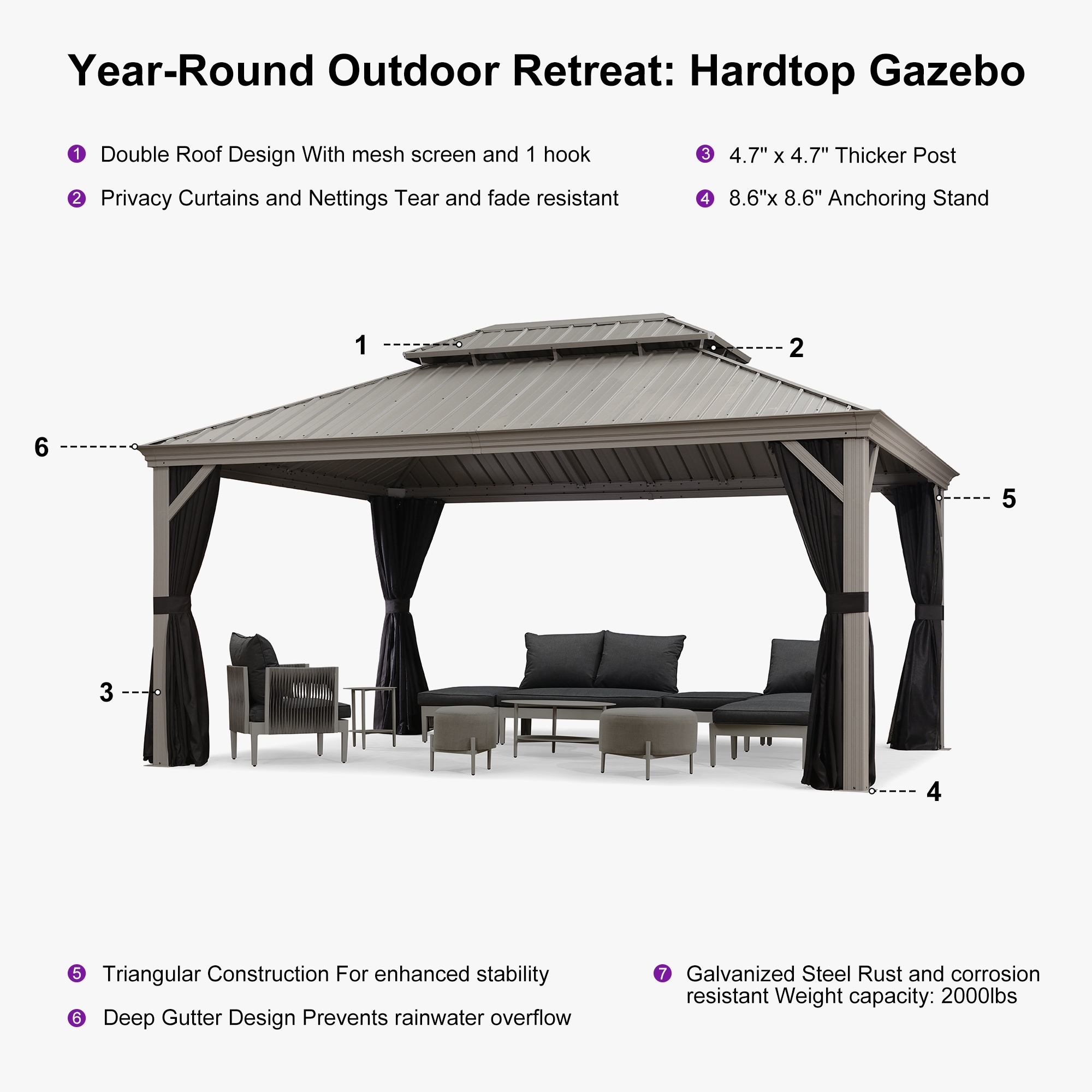 Light Gray 16' x 12' Aluminum and Steel Hardtop Gazebo with Curtains