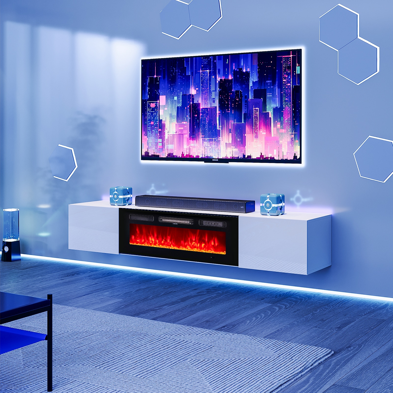 Bapipro TE05A70W 70-in W White TV Stand with Infrared quartz Flat wall Electric Fireplace with Remote Control Included
