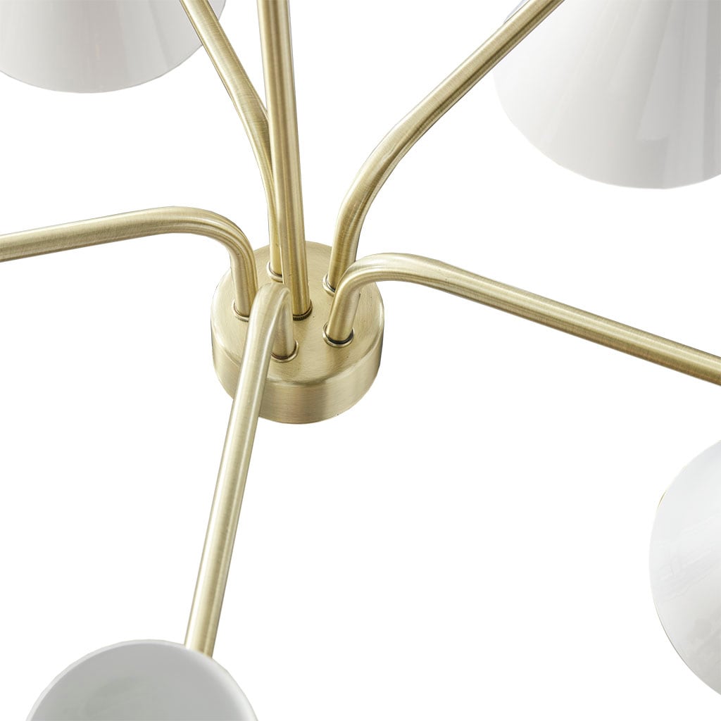 Ezra Mid-Century 5-Light Chandelier in Antique Brass with White Shades