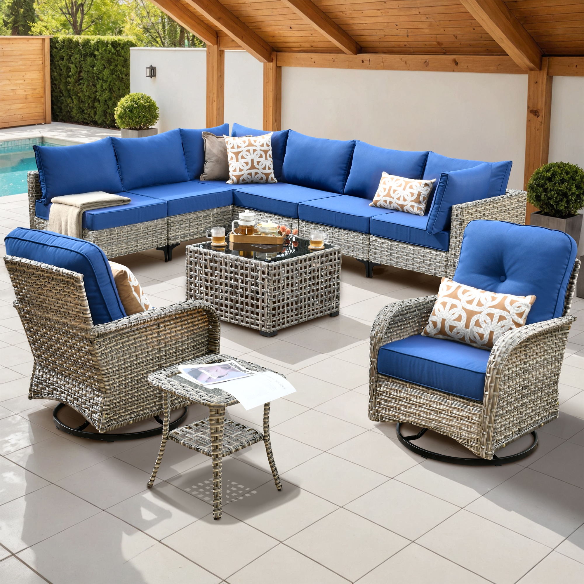 Caodoc L5-VYZSKT710-1 VYZSKT Wicker Outdoor Sectional with Blue Cushions and Wicker Frame