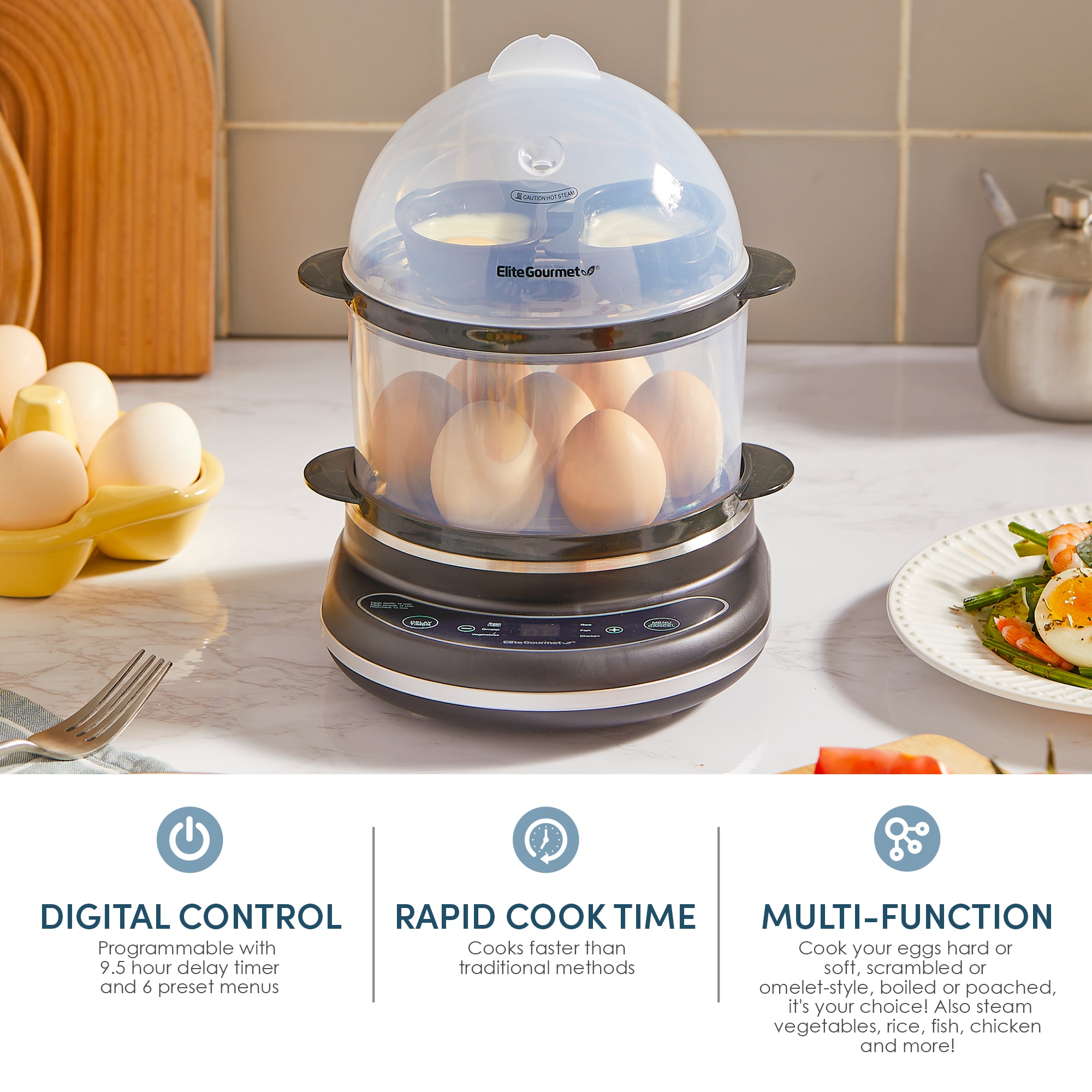 Elite Gourmet 14-Egg Capacity Black Programmable 2-Tier Egg Cooker