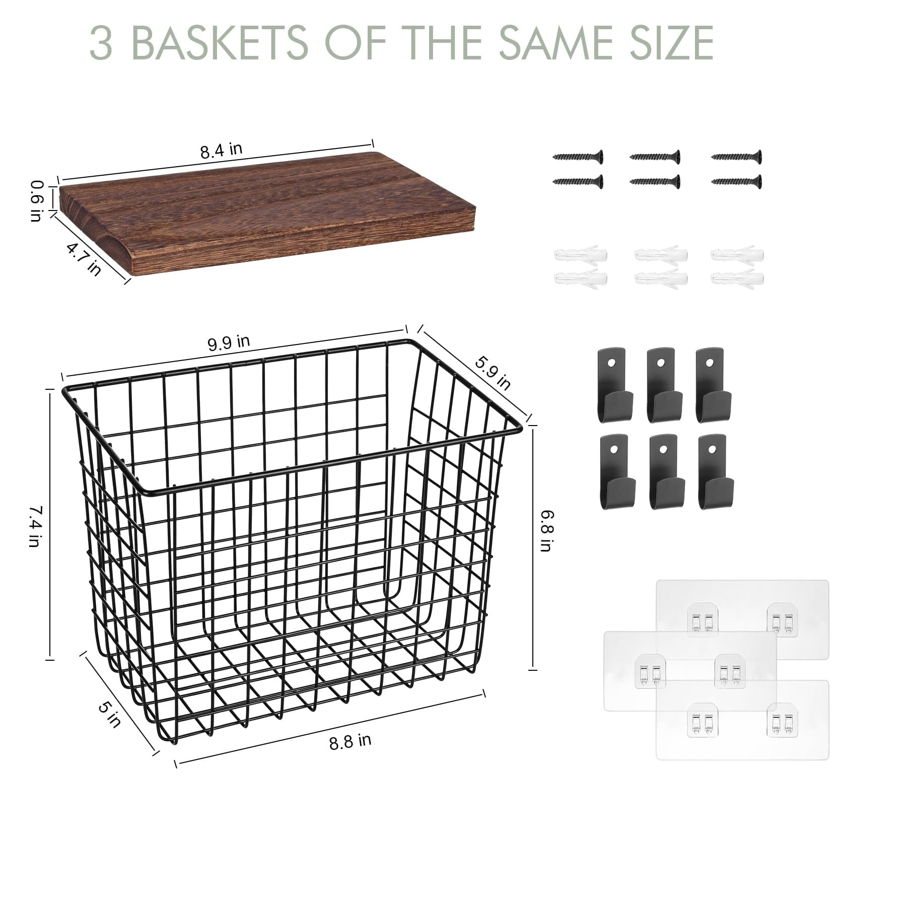 Etokfoks  9 9x5 9x7 4 in Wood Slat Wall Hanging Basket 3 Pack with Iron Hooks for Kitchen Office Garage