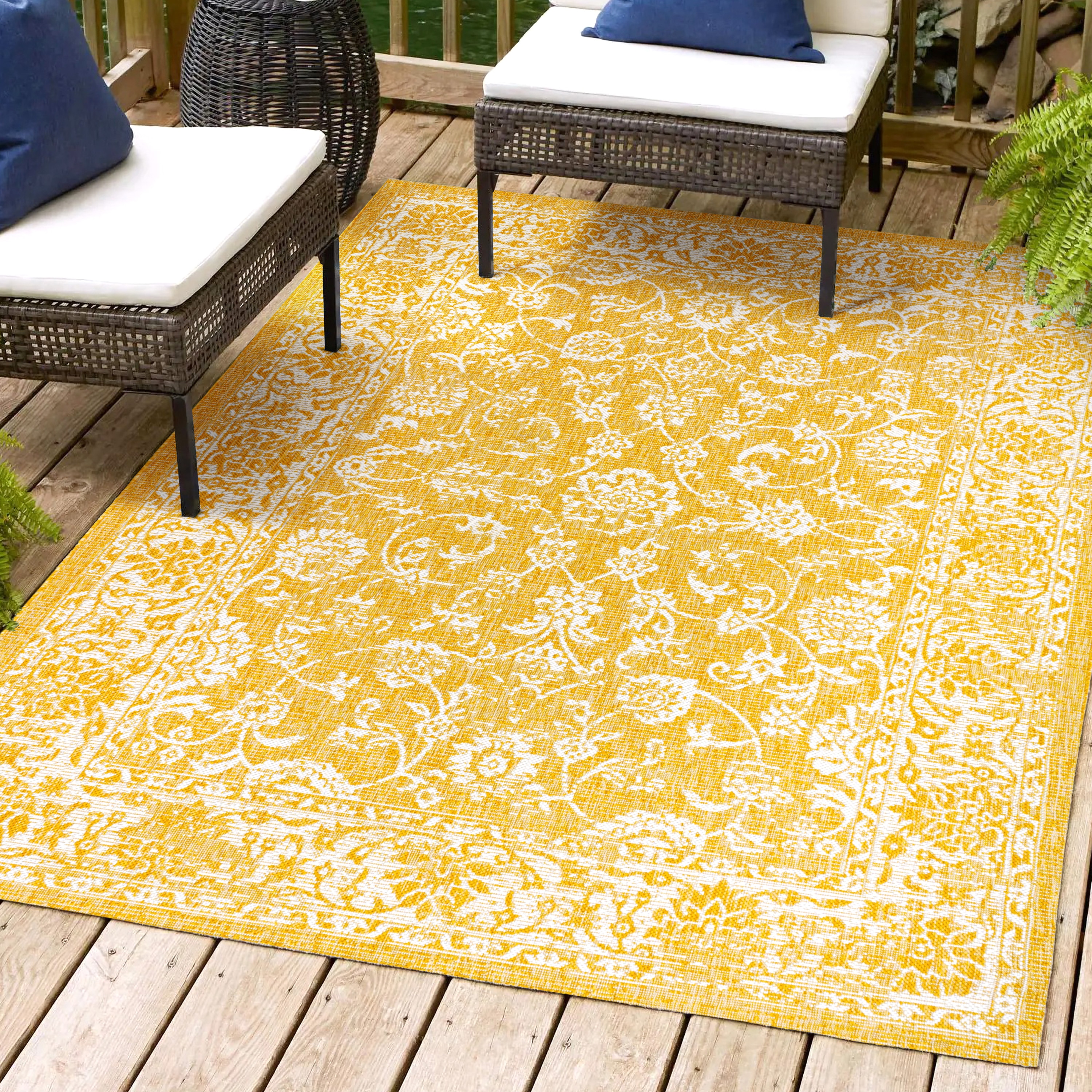 JONATHAN  Y SMB100E-8 Santa Monica Tela Textured Weave Floral 8 x 10 (ft) Loomed Polypropylene Yellow/Cream Rectangular Indoor/Outdoor Border Coastal Area rug