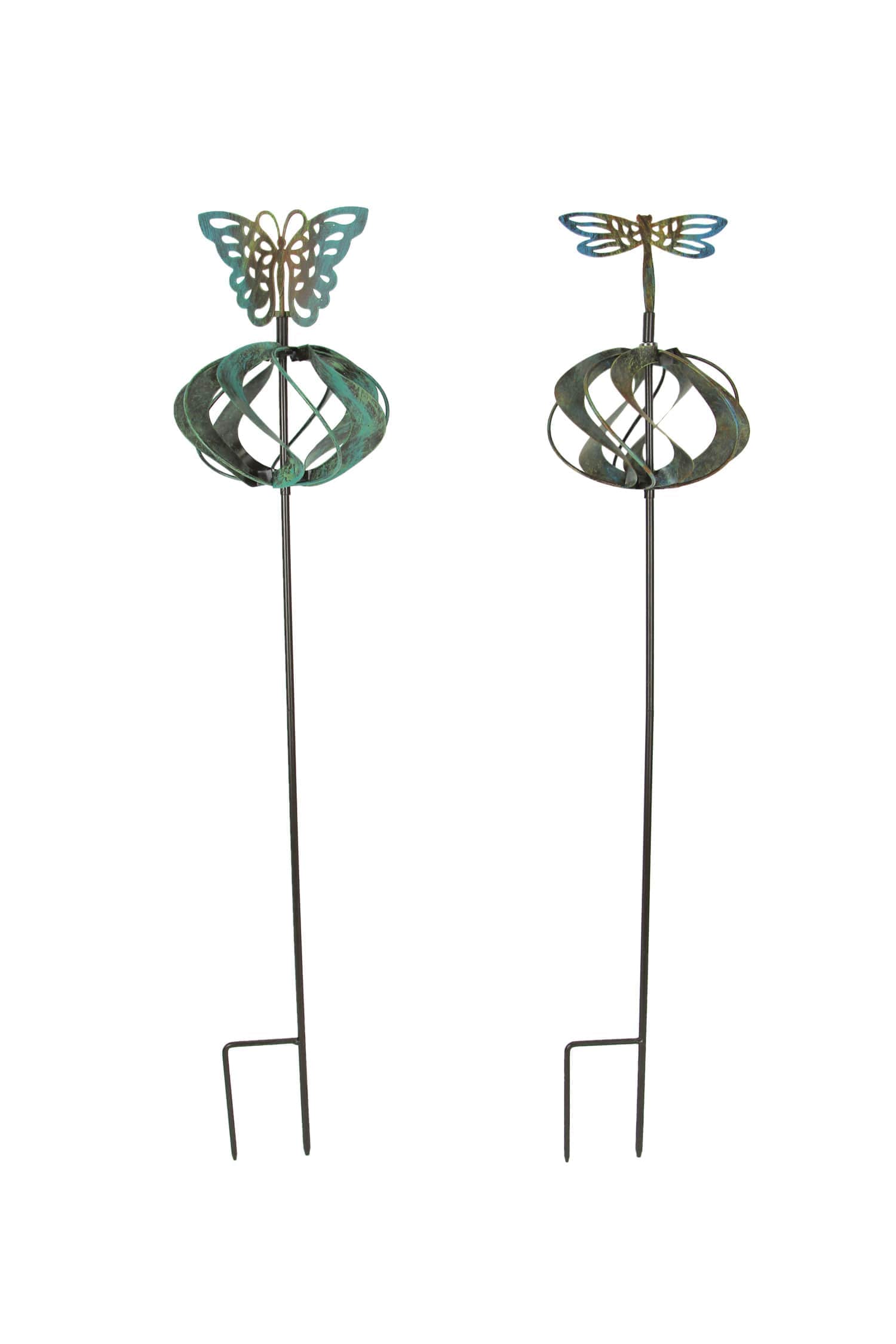 Transpac Set of 2 Metal Garden Stake Wind Spinners Kinetic Yard Butterfly Dragonfly