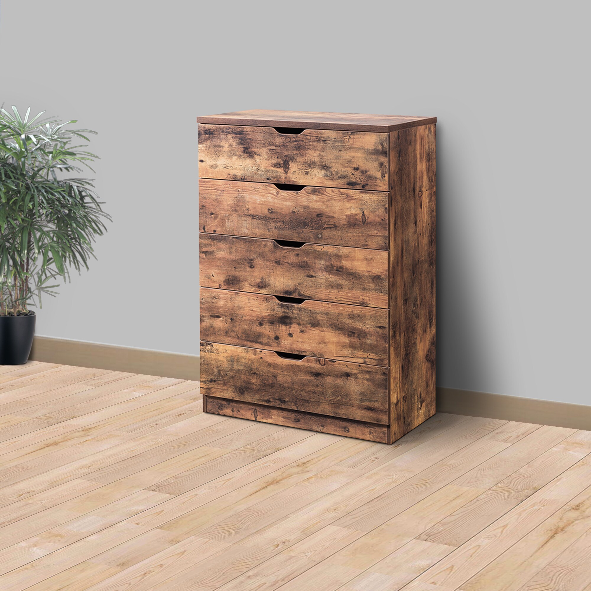 Rustic Brown Five-Drawer Vertical Chest with Metal Glides