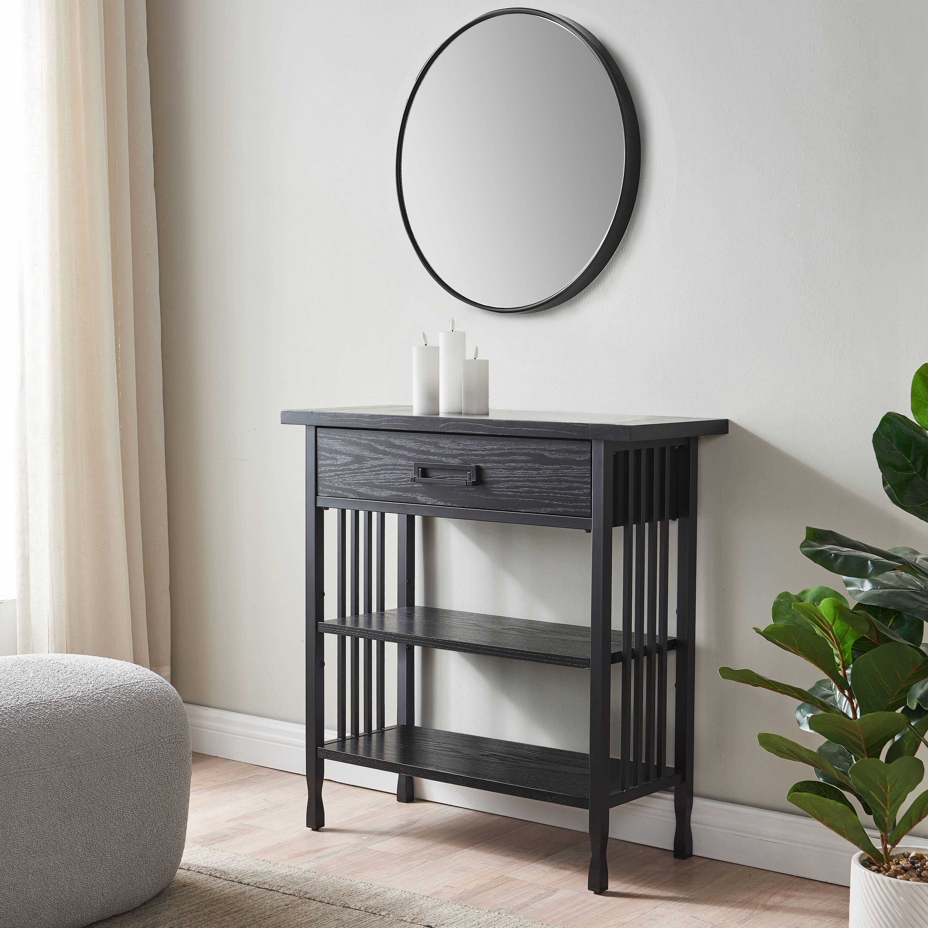 Adjustable Black Wash Wood and Steel 30" Foyer Bookcase