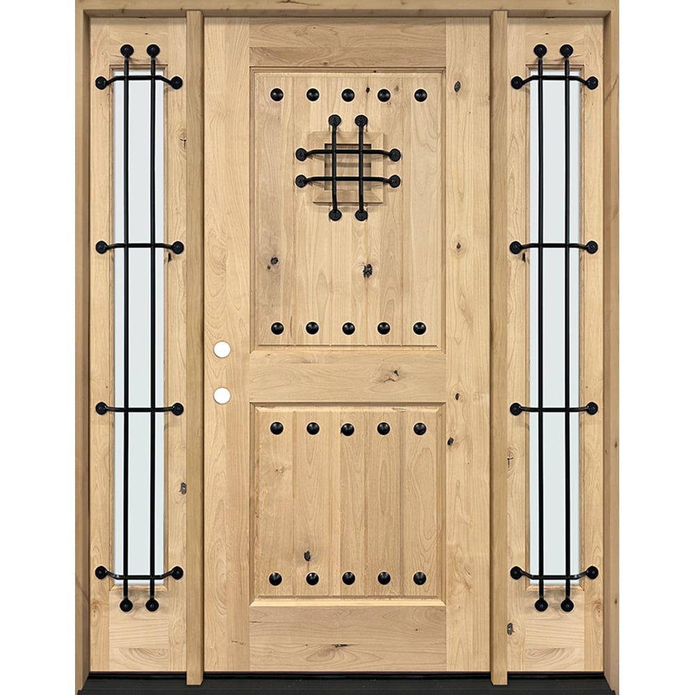 Greatview Doors UK553SL3614R-6 68-in x 80-in x 6-9/16-in Wood Full lite Right-hand inswing Knotty Alder Unfinished Prehung Front Door with Sidelights Solid core