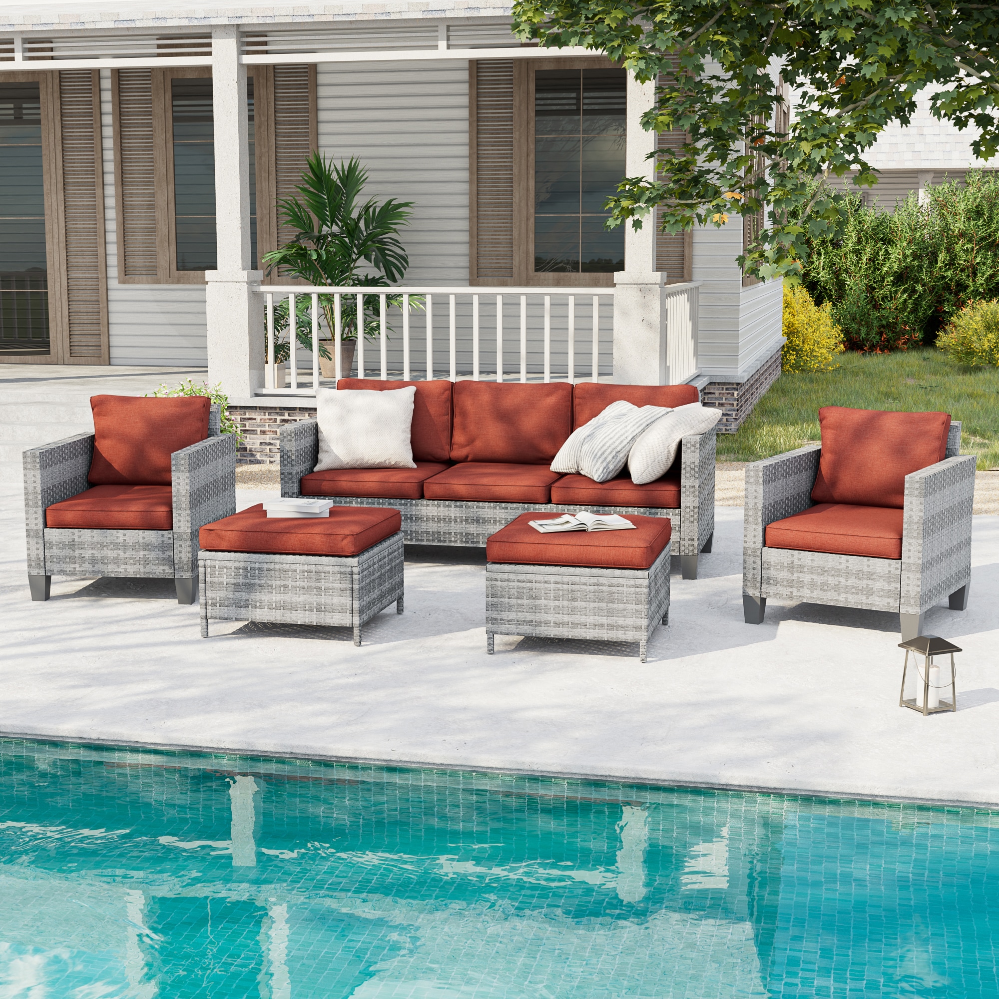 ACEGOSES LW-115HOG Sereno 5 -Piece Wicker Patio Sofa Conversation Set with Red Cushions