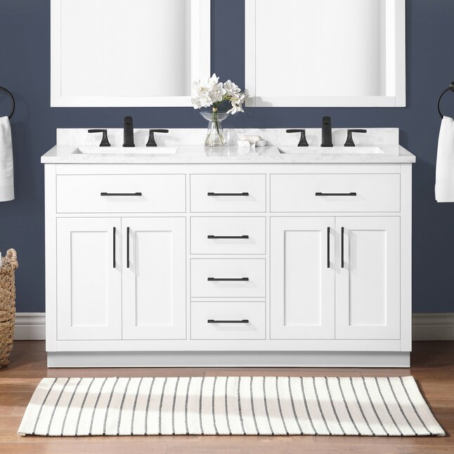 Double Sink Bathroom Vanity, 60 In White Double Sink Bathroom Vanity With Engineered Stone Top