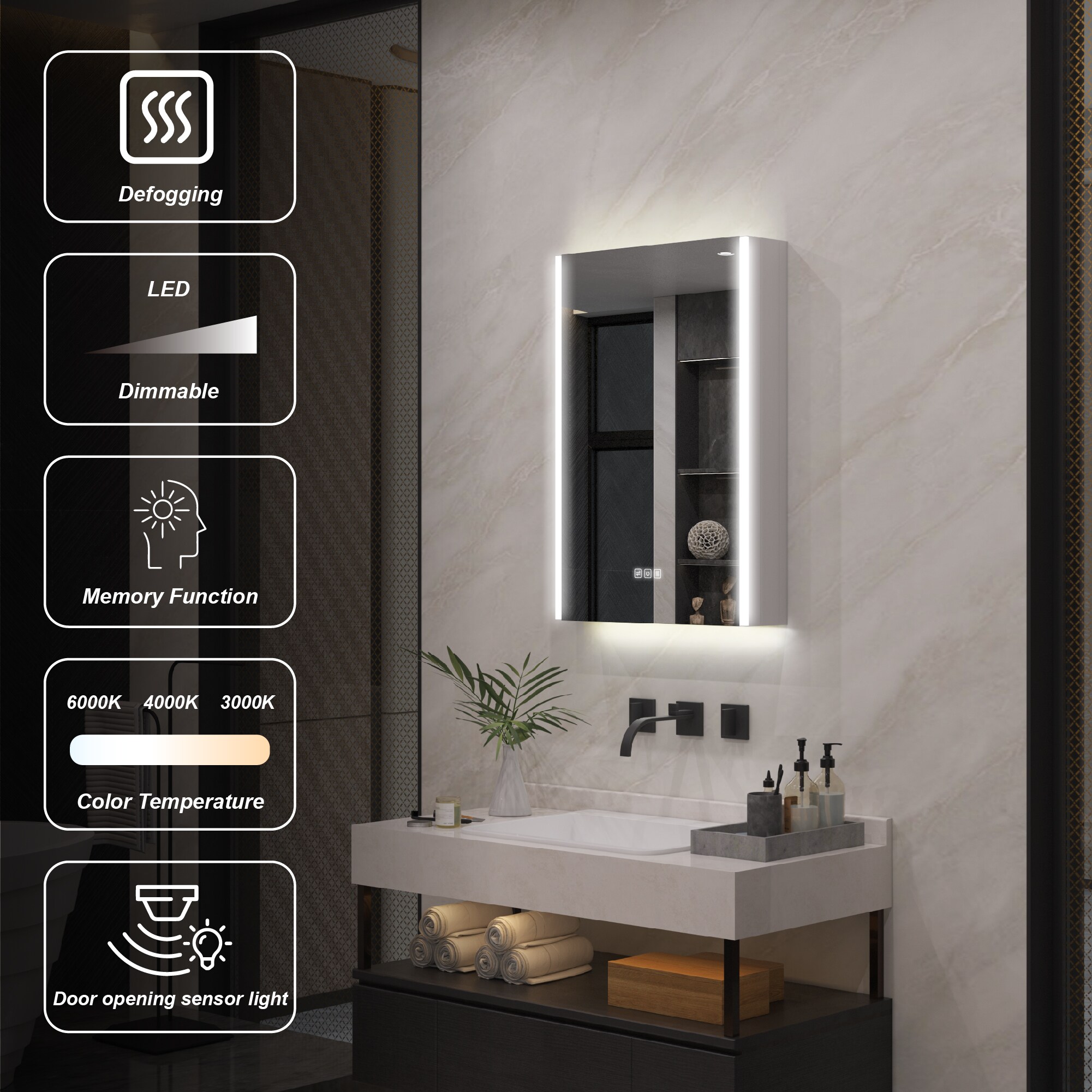 Forclover 20-in x 30-in Lighted LED Fog Free Surface Mount Aluminum Mirrored Soft Close Medicine Cabinet with Outlet
