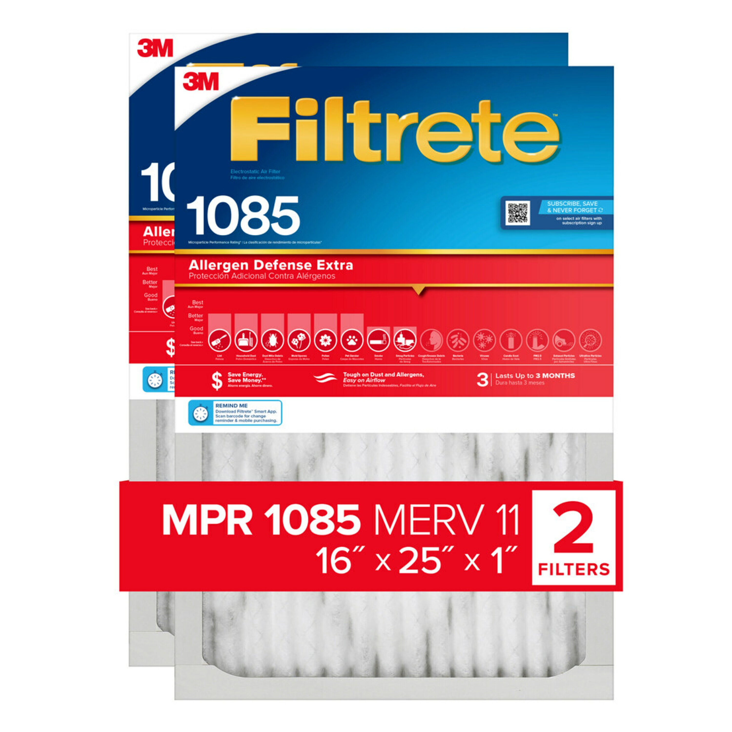 Filtrete 16-in W x 25-in L x 1-in 11 MERV 1085 MPR Allergen Defense Extra  Electrostatic Pleated Air Filter (2-Pack) in the Air Filters department at