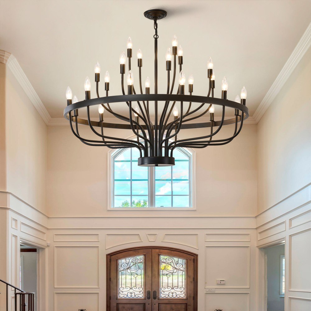 Basdien 39 in Black Chandelier 24 Lights Industrial Rustic Vintage Candle Style E12 Iron Light Fixture Large Retro for Dining Room Kitchen Island Living Room Modern Black Floral Shaped Bulb Arms Resemble Blossoming Bouquet Black Flowers Bright