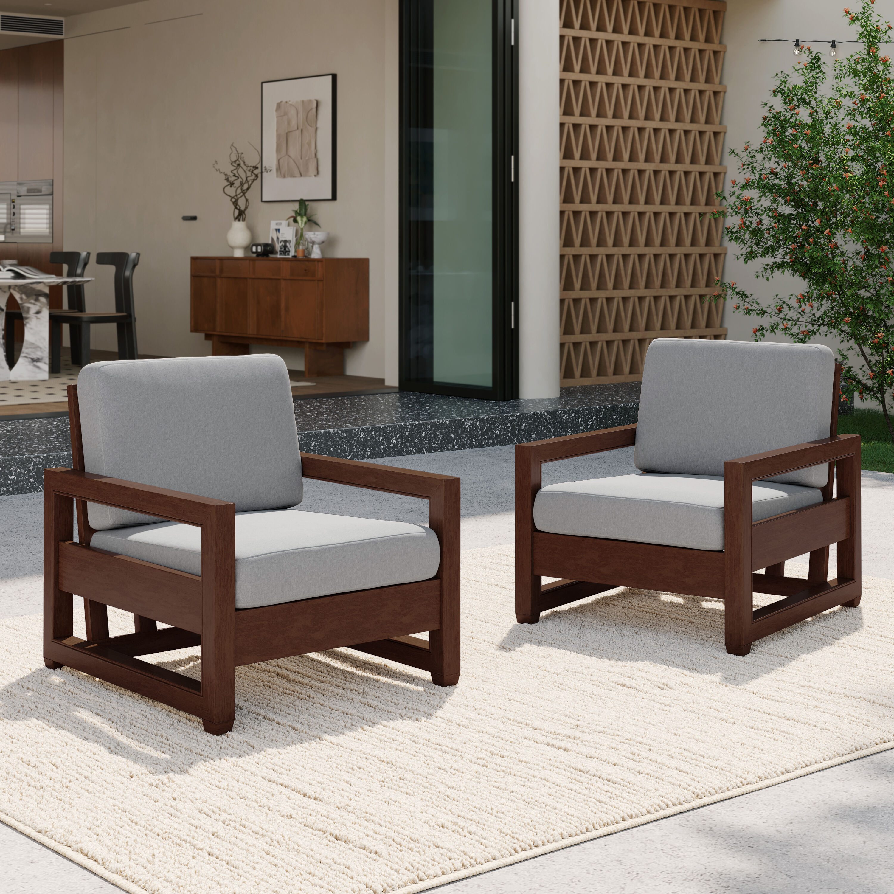 Dreamsidea - AETERNA 2PCs TEAK Outdoor Chair Modern Solid Wood Patio Club Chair with Waterproof C...