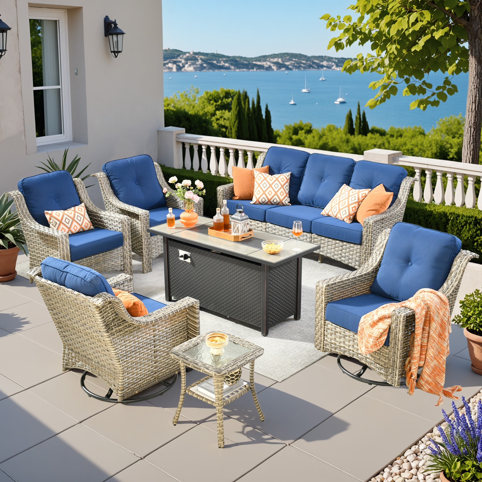 Pouuin SDFPYZPAD706 7 -Piece Wicker Patio Sofa Conversation Set with Light Gray Cushions