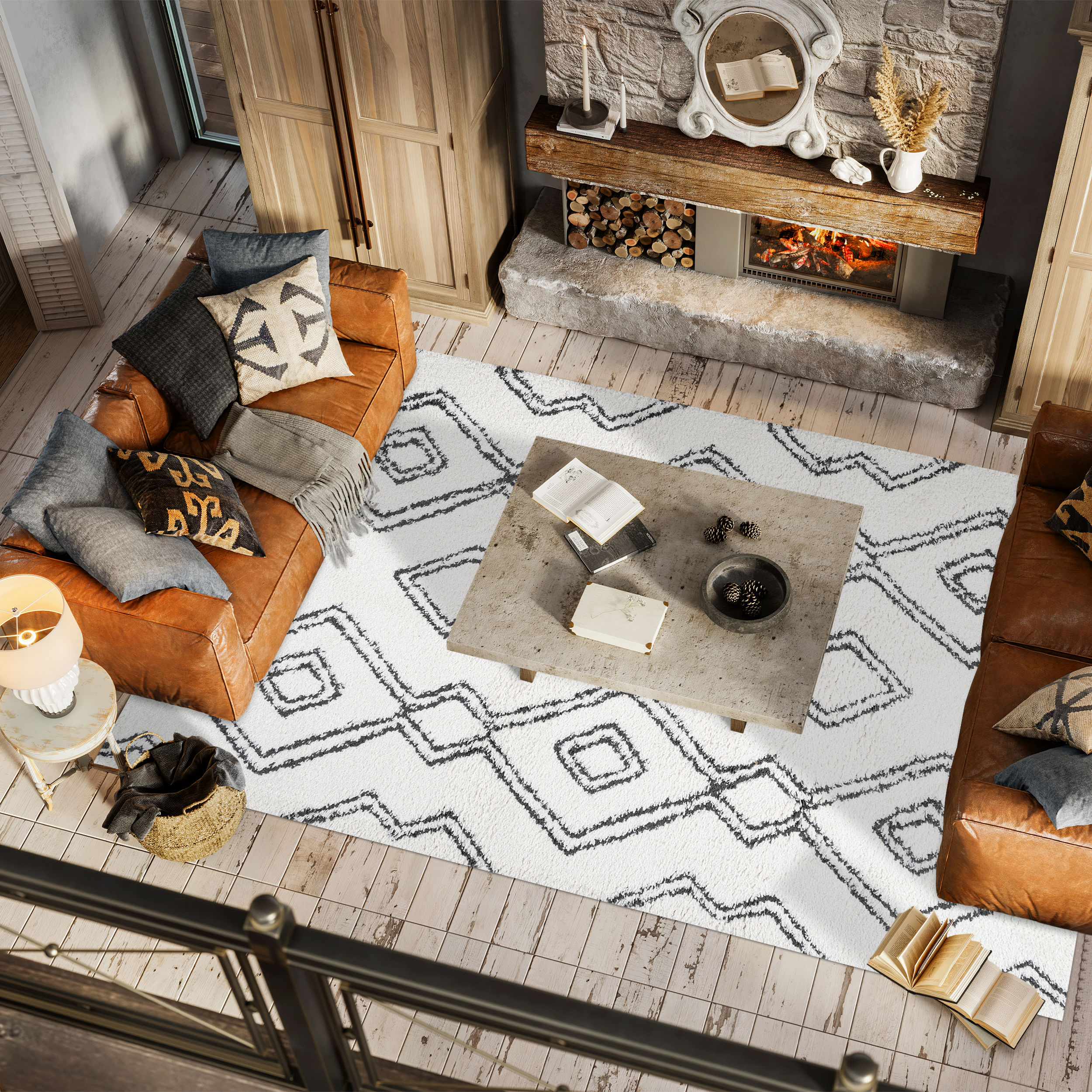 Deia Black and White Geometric Shag Area Rug