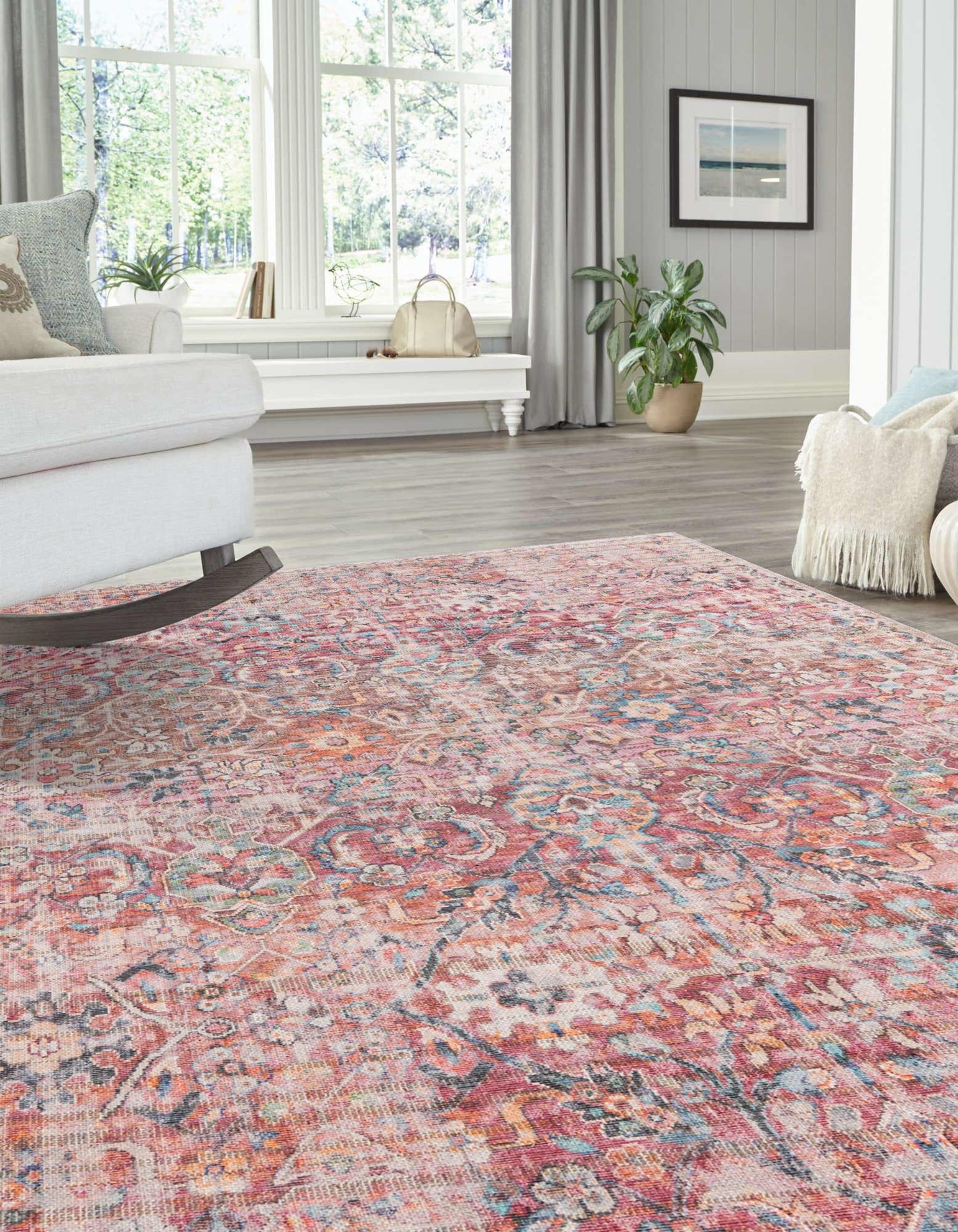 Ivory and Pink Rectangular Washable Flatweave Area Rug 8' x 10'