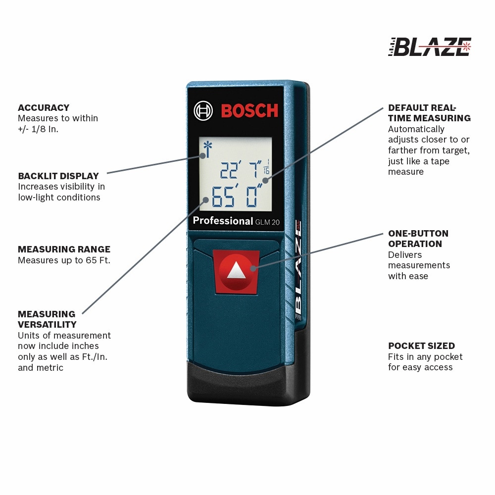 Bosch BLAZE 65-ft Outdoor Red Laser Distance Measurer with Backlit Display  in the Laser Distance Measurers department at