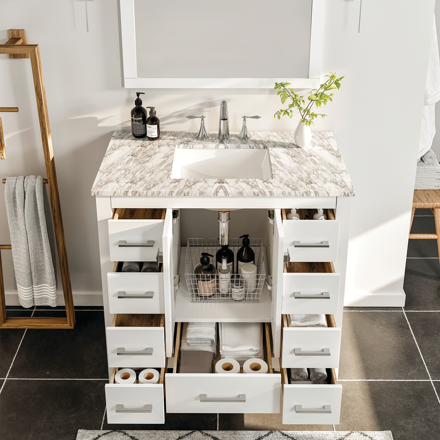Hampton 36" White Solid Wood Bathroom Vanity with Carrara Marble Top